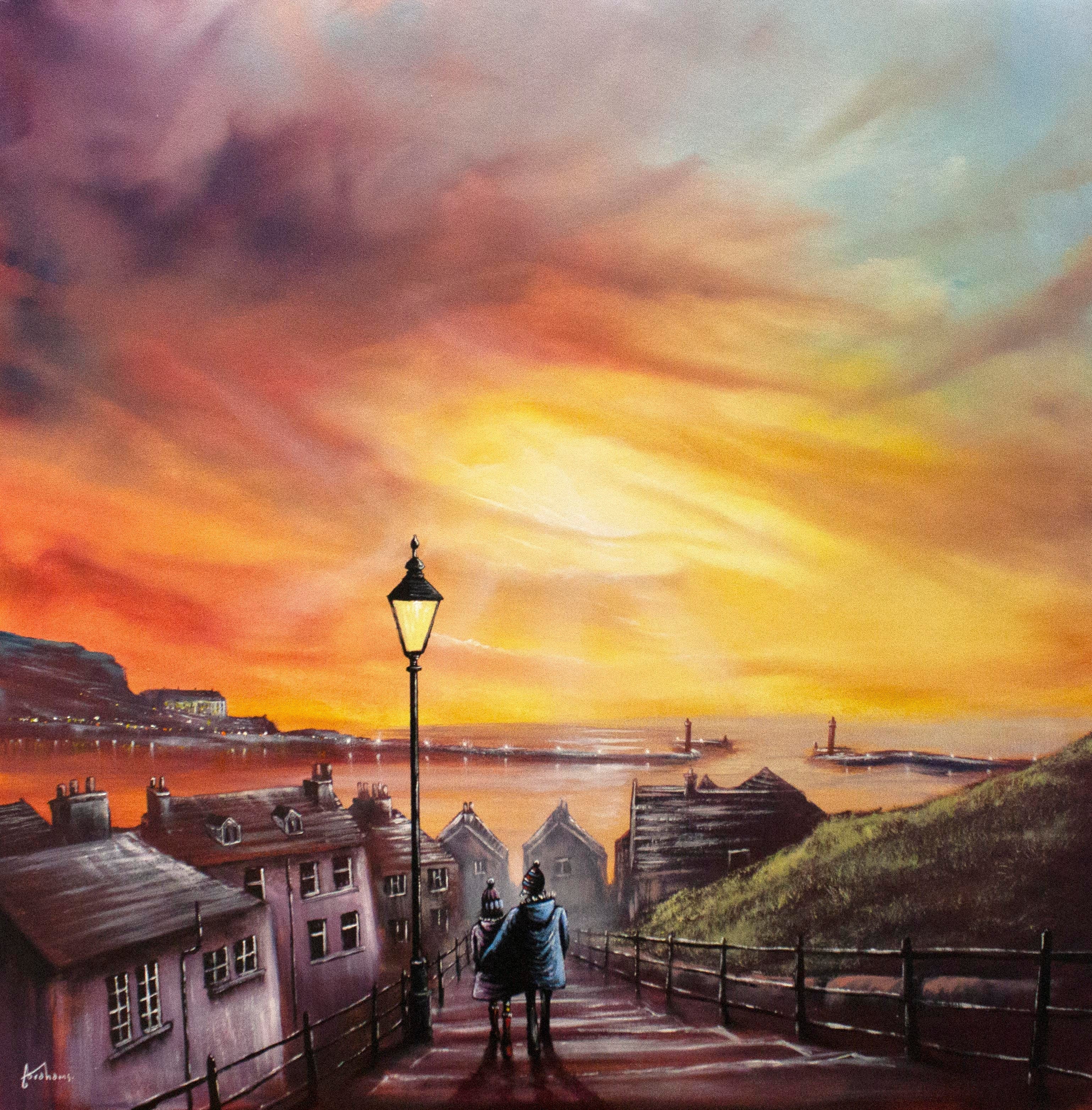 Oil Painting of a Couple walking down the 99 steps from Whitby Abbey at dusk overlooking Whitby harbour, the cliffs and the sea with a bright colourful sky. 