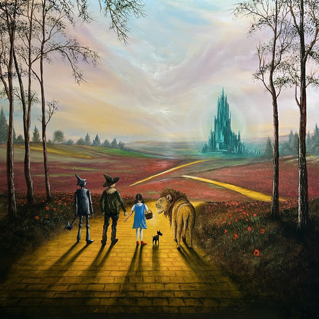 Collection of art inspired by the Wizard of Oz incorporating magical landscapes, wicked rich, Dorothy, tin man, lion, Toto scarecrow and the yellow brick road