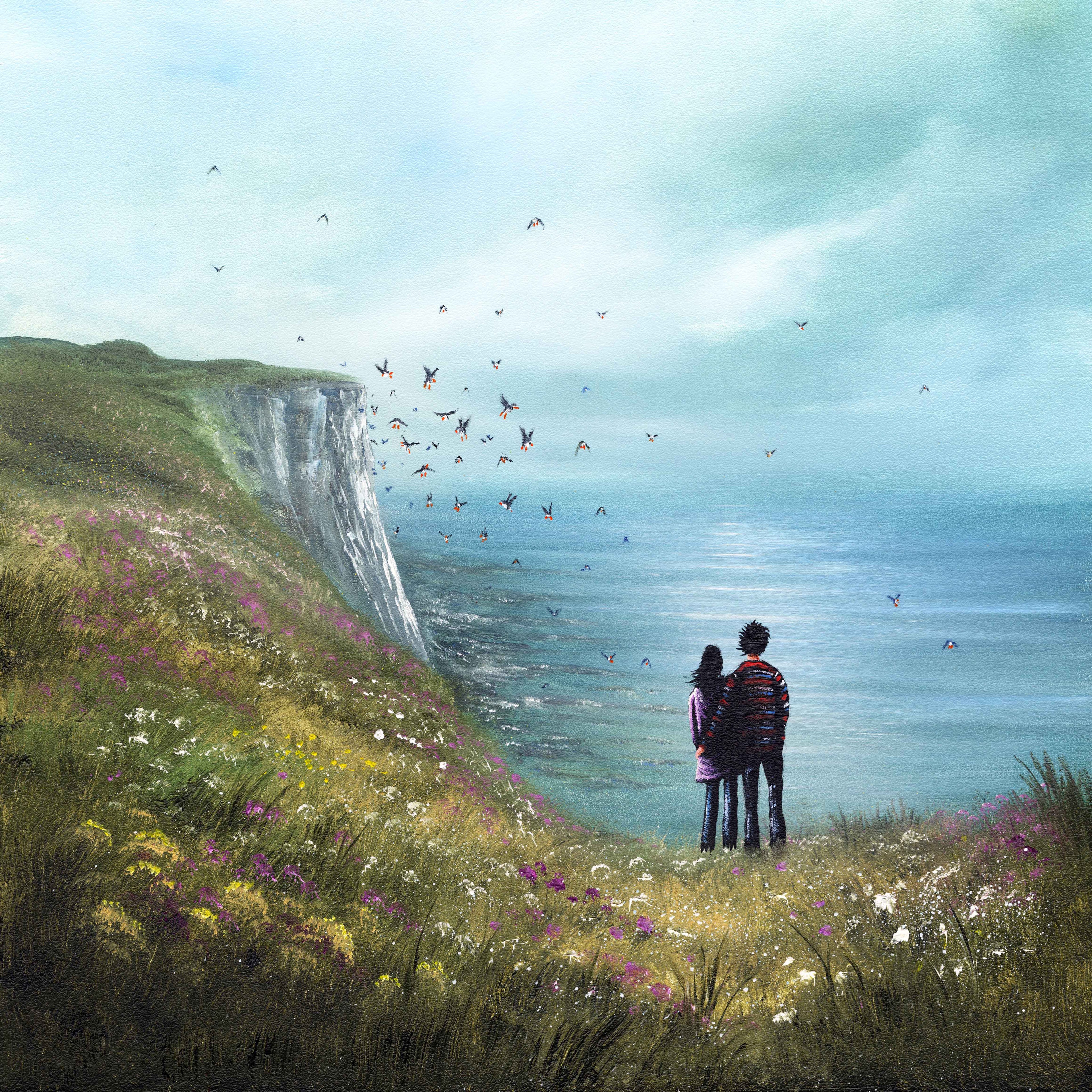 Art Work by Danny Abrahams Art. Watching the puffins at Bempton Cliffs on the Yorkshire Coast. Puffins fly from the large cliffs over the sea as a couple look on.