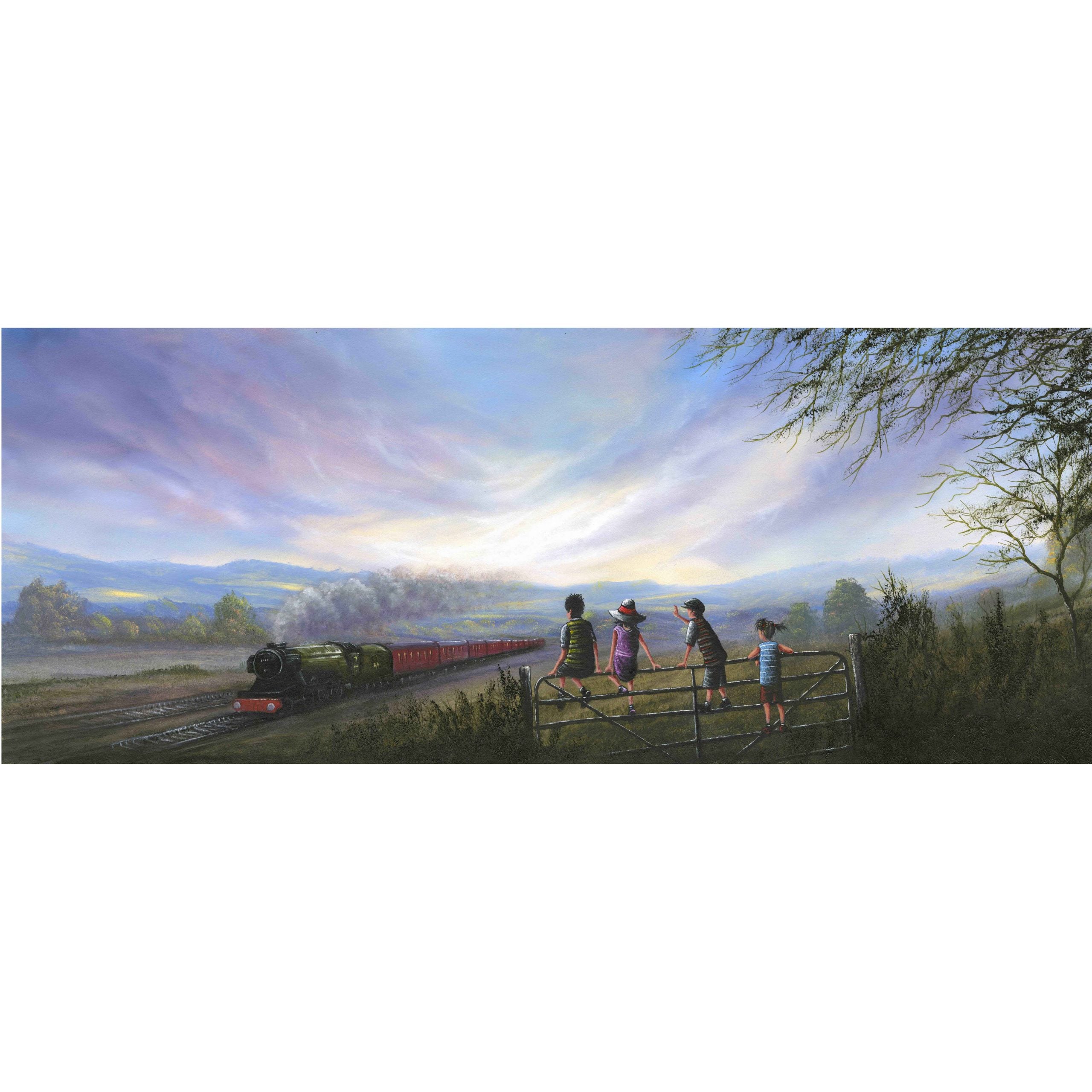 a Steam train passes through the Haworth landscape in Yorkshire as a group of children look on inspired by the railway children