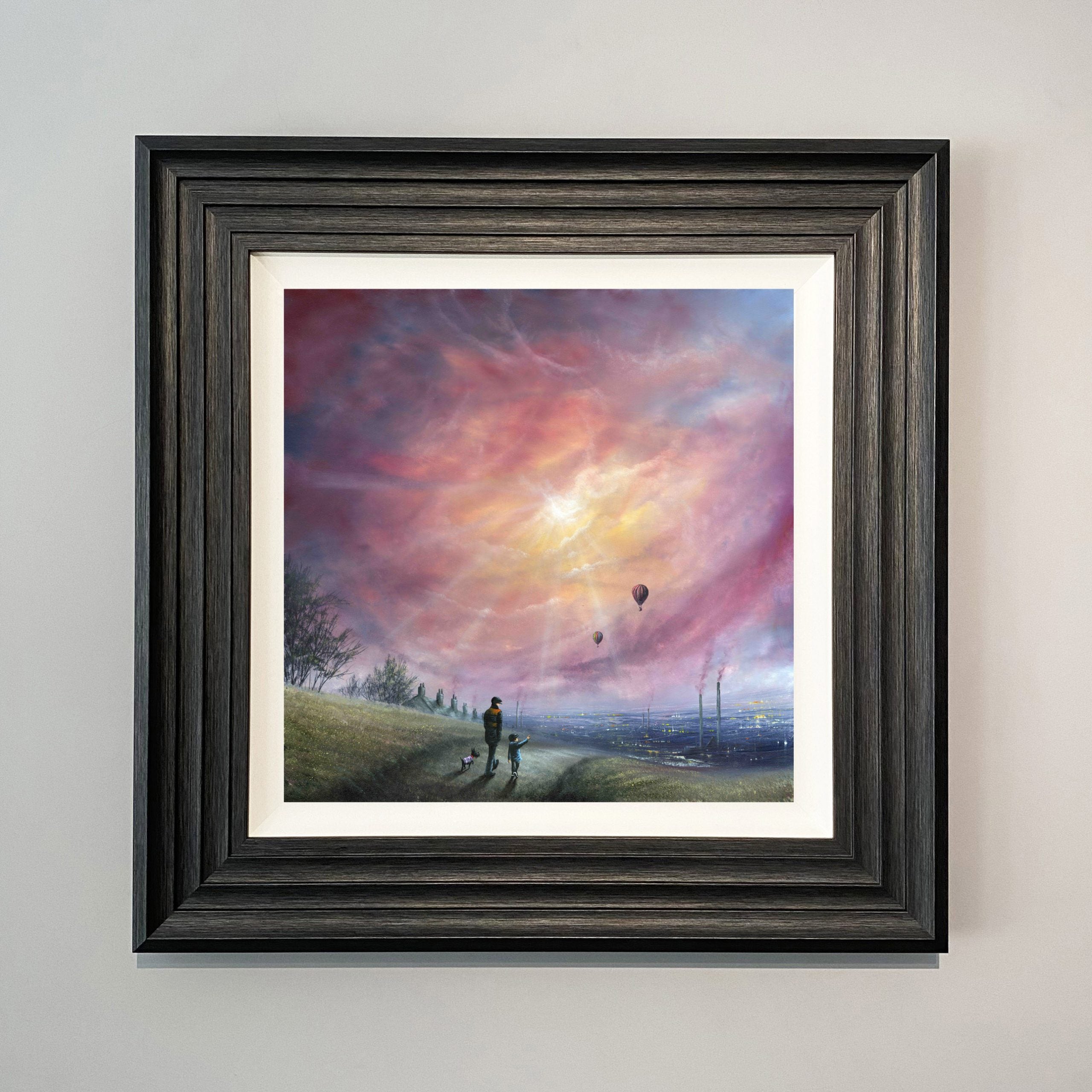 an atmospheric Yorkshire landscape painting capturing a father and son walking together beneath a dramatic sky overlooking the industrial skyline of Yorkshire