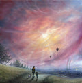 an atmospheric Yorkshire landscape painting capturing a father and son walking together beneath a dramatic sky overlooking the industrial skyline of Yorkshire