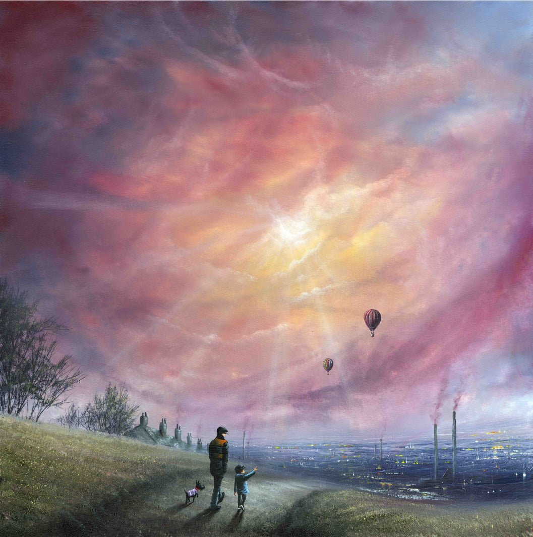 an atmospheric Yorkshire landscape painting capturing a father and son walking together beneath a dramatic sky overlooking the industrial skyline of Yorkshire