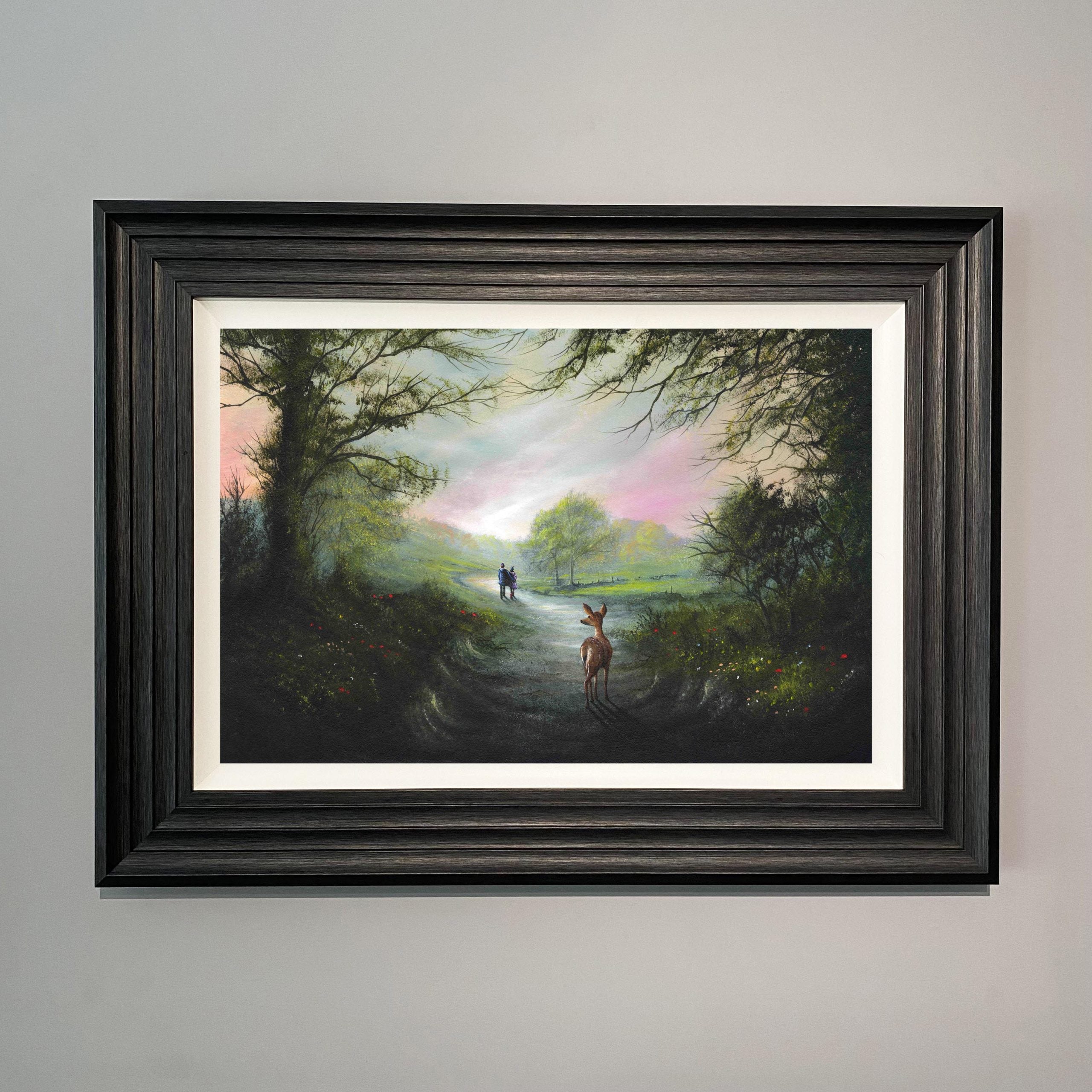 A Sense Of Wonder romantic countryside landscape art print with deer and couple walking along woodland path by Danny Abrahams 