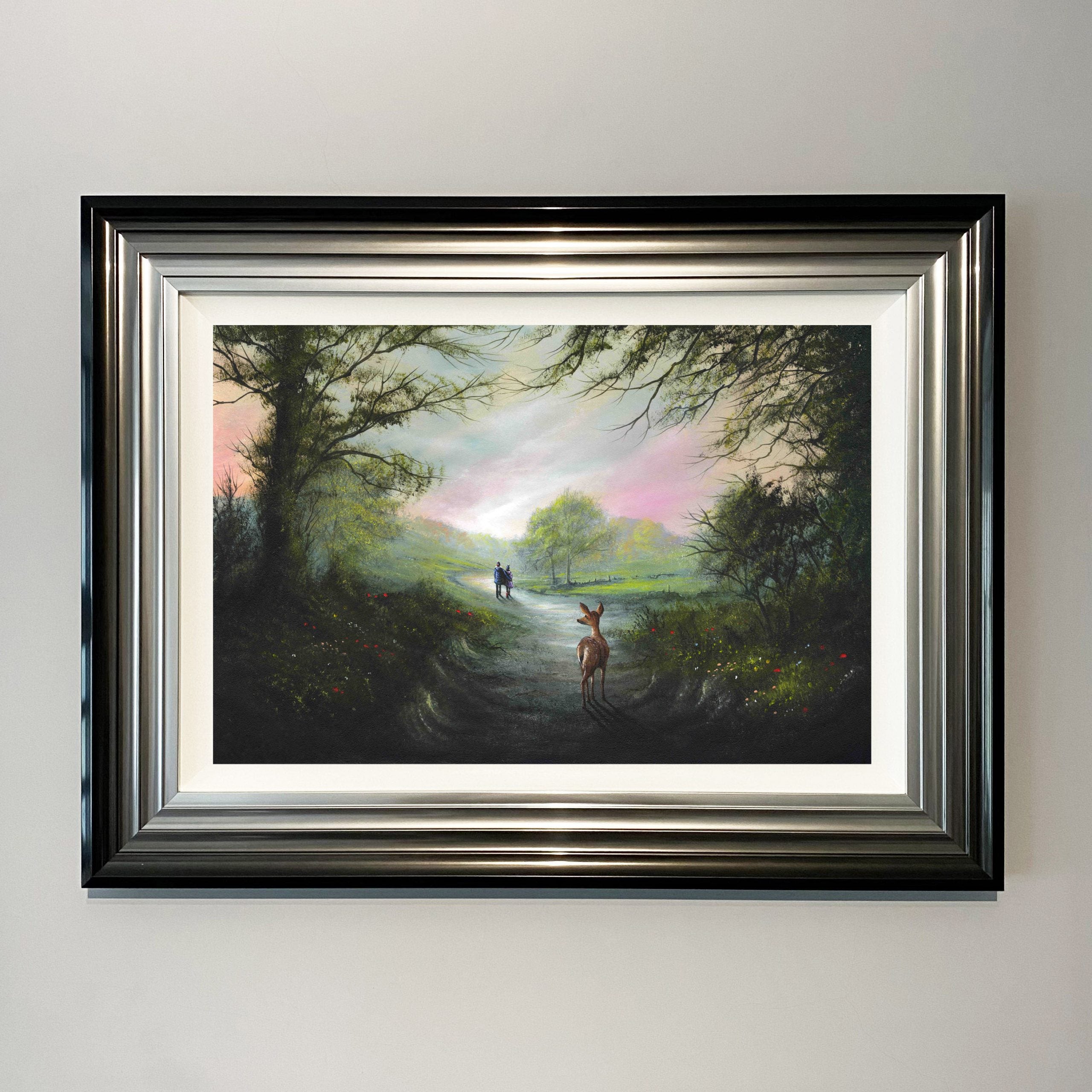 A Sense Of Wonder romantic countryside landscape art print with deer and couple walking along woodland path by Danny Abrahams 