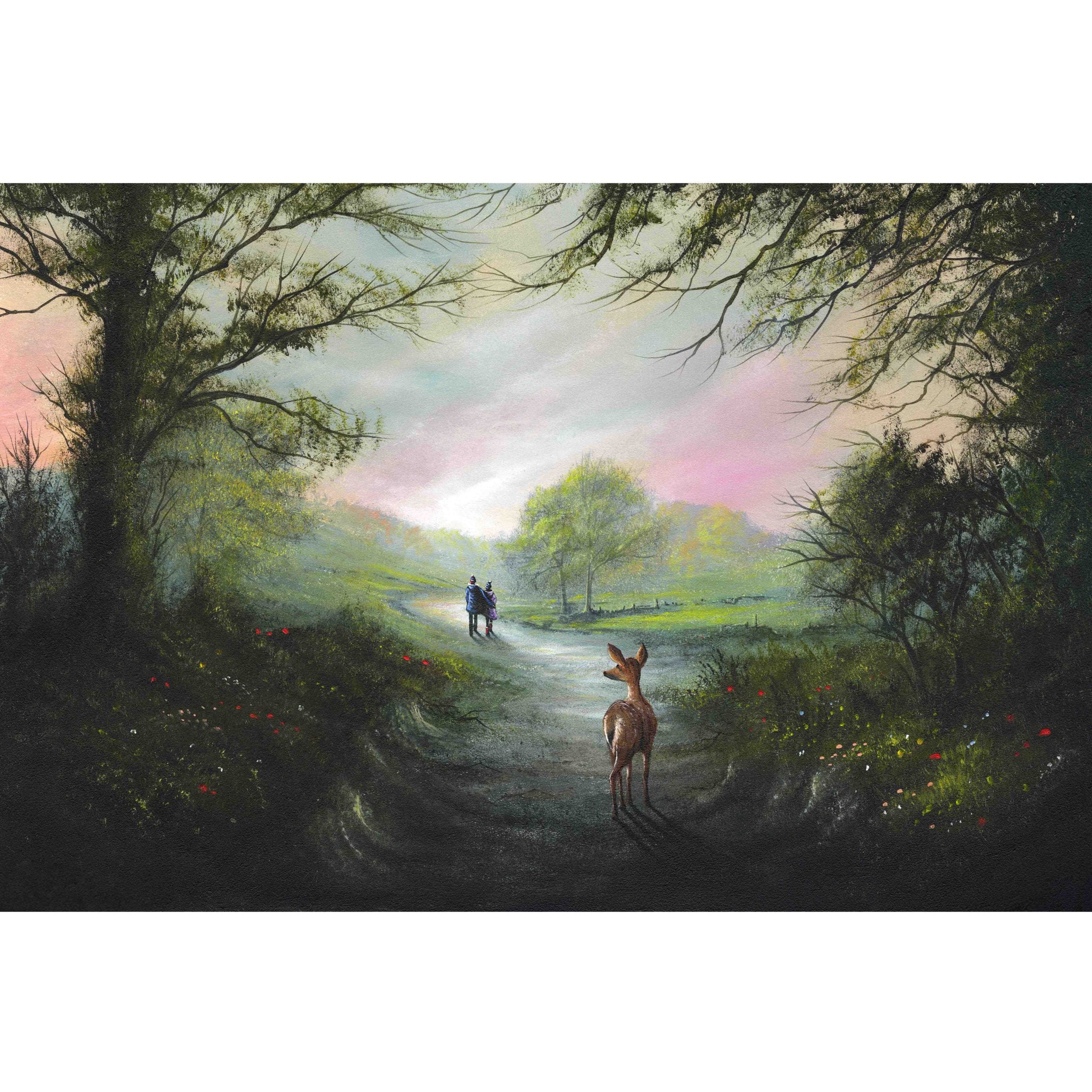 A Sense Of Wonder romantic countryside landscape art print with deer and couple walking along woodland path by Danny Abrahams 