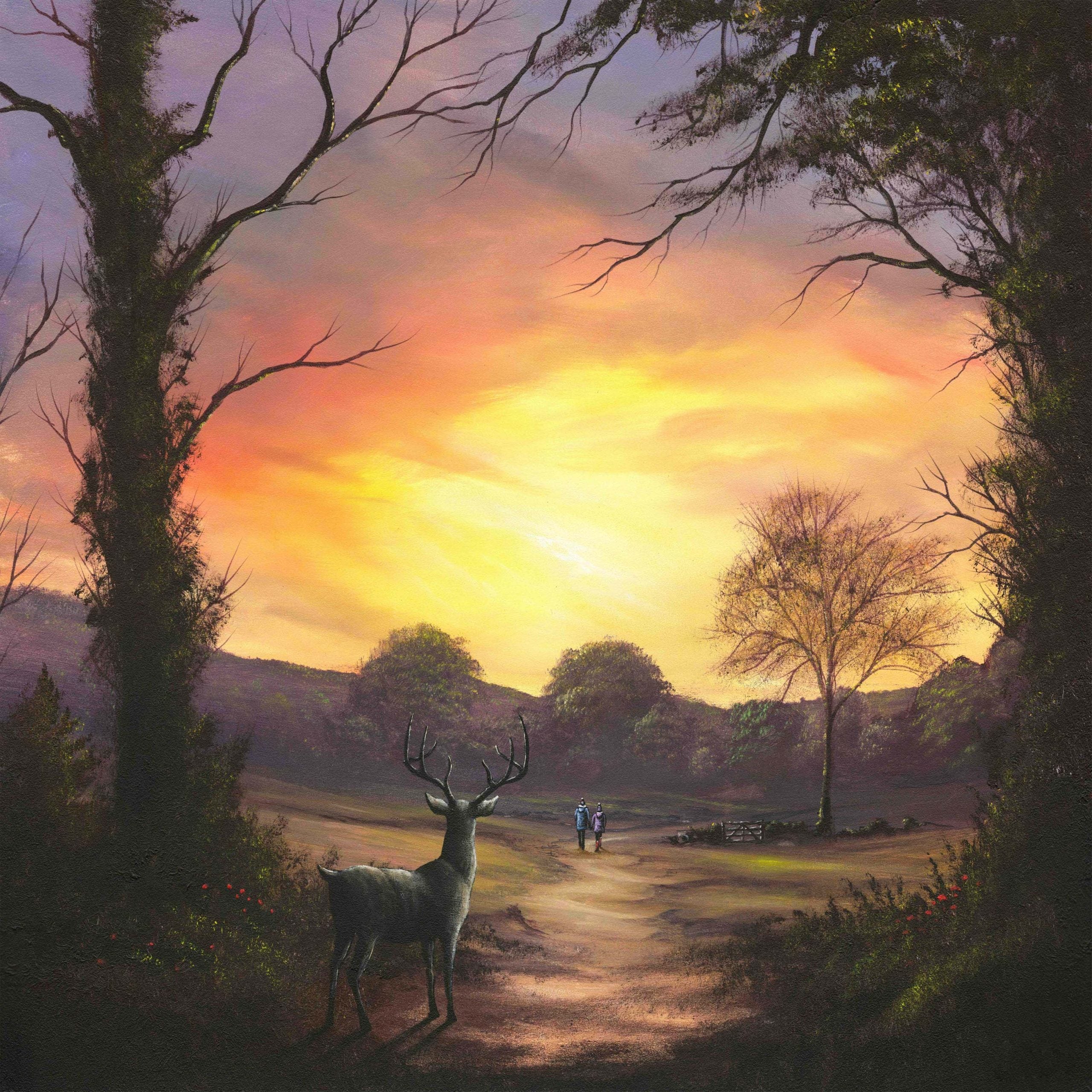A touch of curiosity- Whimsical landscape artwork by Danny Abrahams Art featuring a stag standing on a woodland path with couple walking by. 