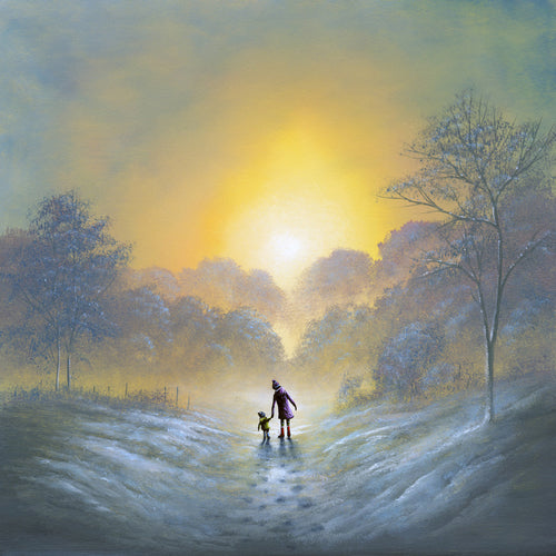 A painted winter woodland landscape with a glowing yellow sun over a snowy path, silhouetted trees on both sides, a parent and child walk along in the snow creating happy family memories. Art by Danny Abrahams. 