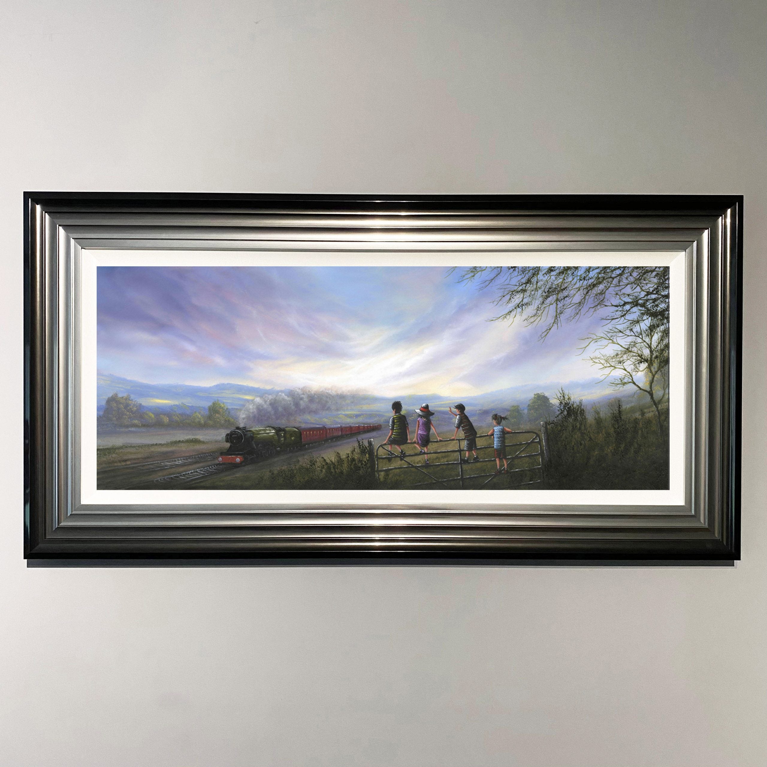 a Steam train passes through the Haworth landscape in Yorkshire as a group of children look on inspired by the railway children