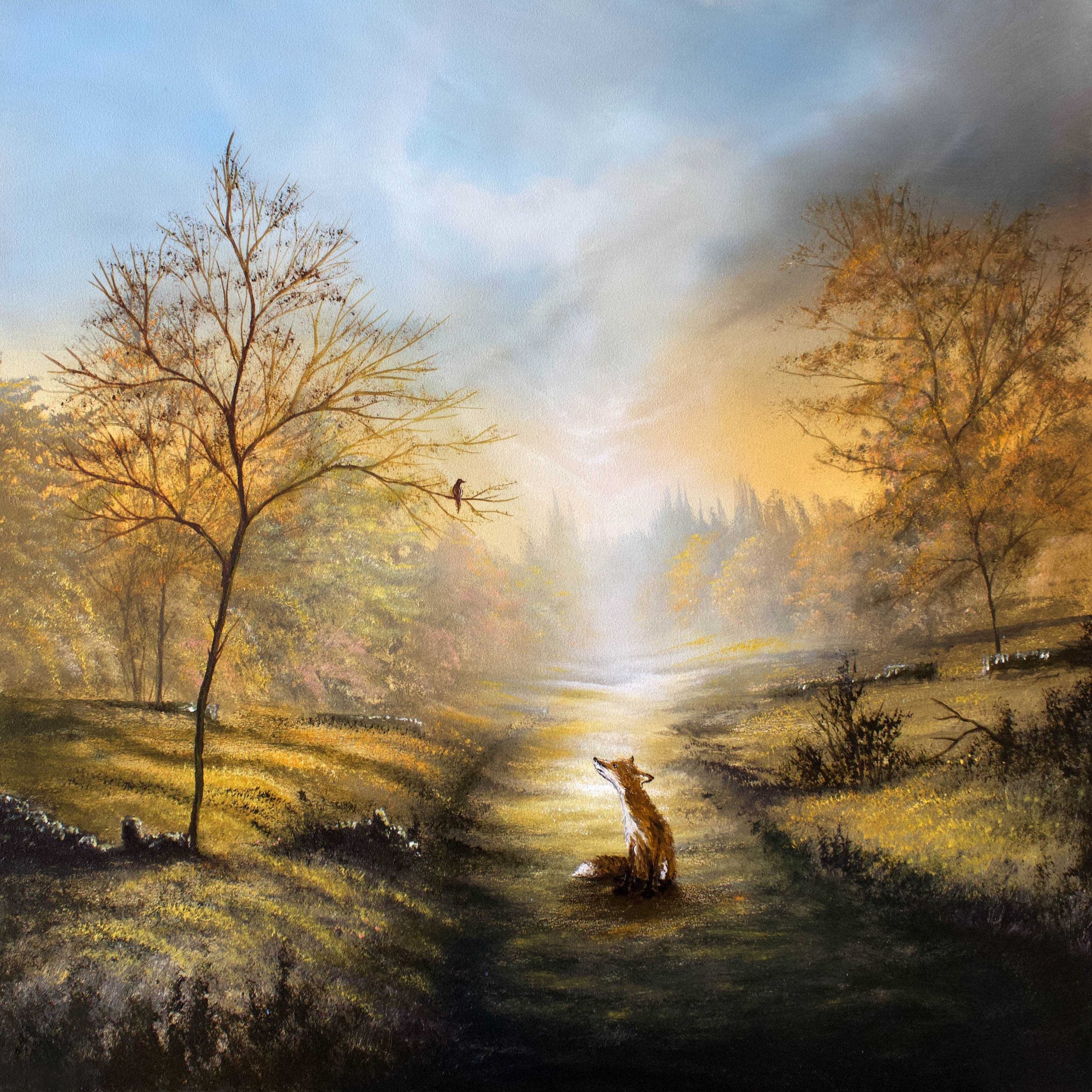 Fox and bird woodland landscape artwork by Danny Abrahams Art - wildlife art print. 