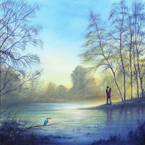 As Time Stands Still landscape art print with kingfisher and couple embracing beside a tranquil river by Danny Abrahams 