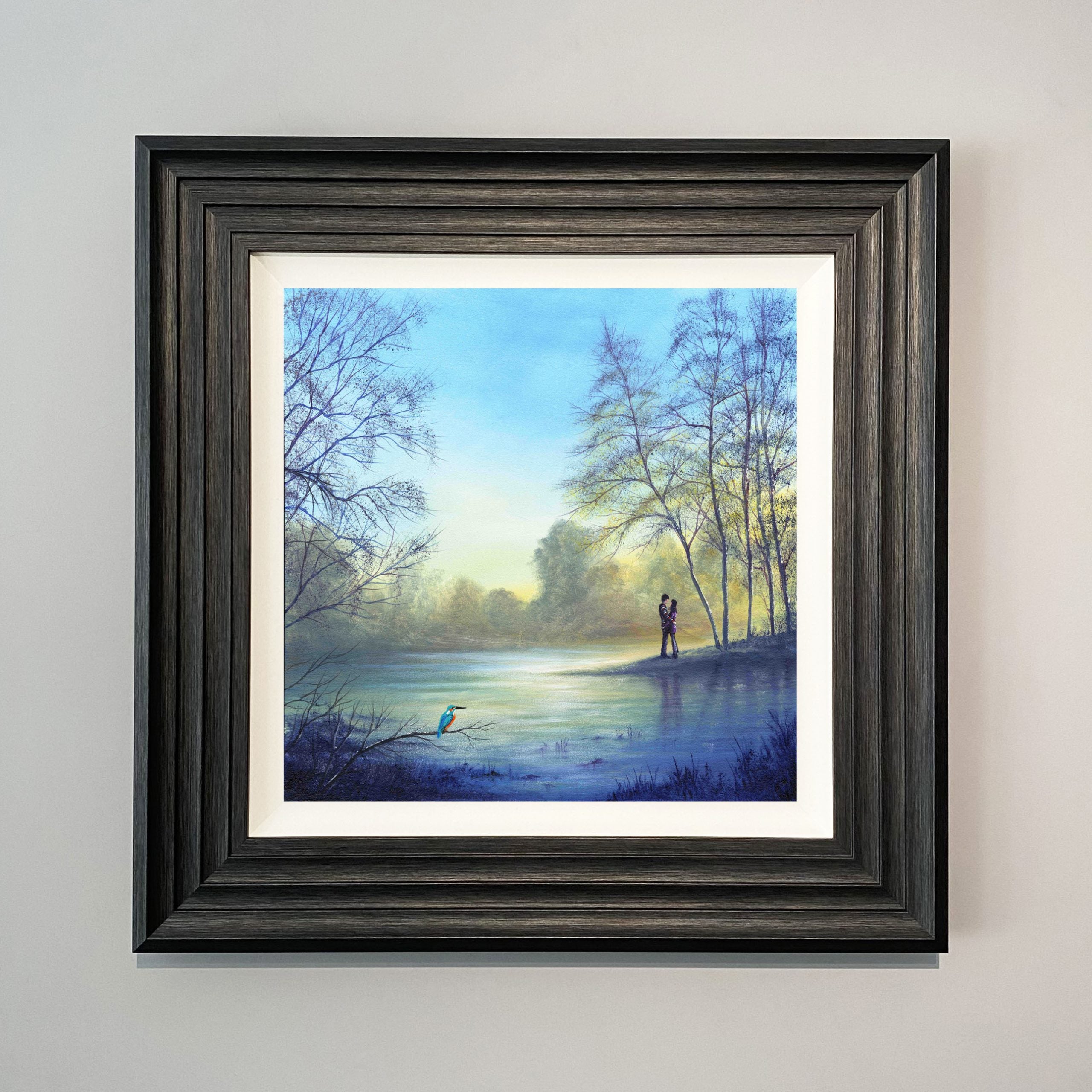 As Time Stands Still landscape art print with kingfisher and couple embracing beside a tranquil river by Danny Abrahams 