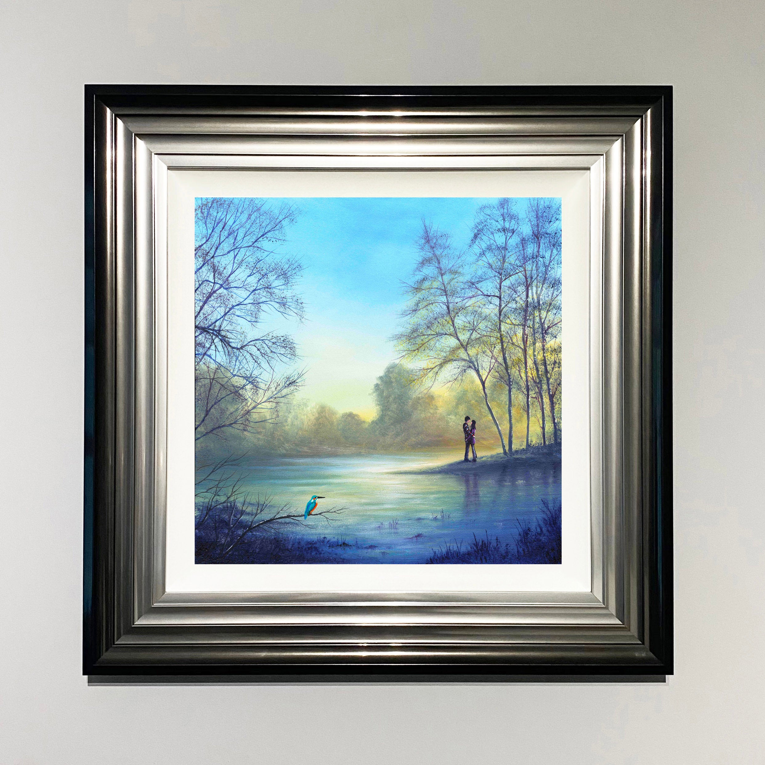 As Time Stands Still landscape art print with kingfisher and couple embracing beside a tranquil river by Danny Abrahams 