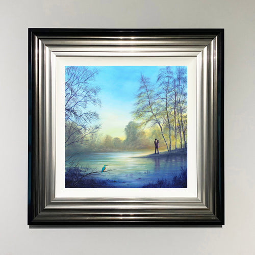 As Time Stands Still landscape art print with kingfisher and couple embracing beside a tranquil river by Danny Abrahams 
