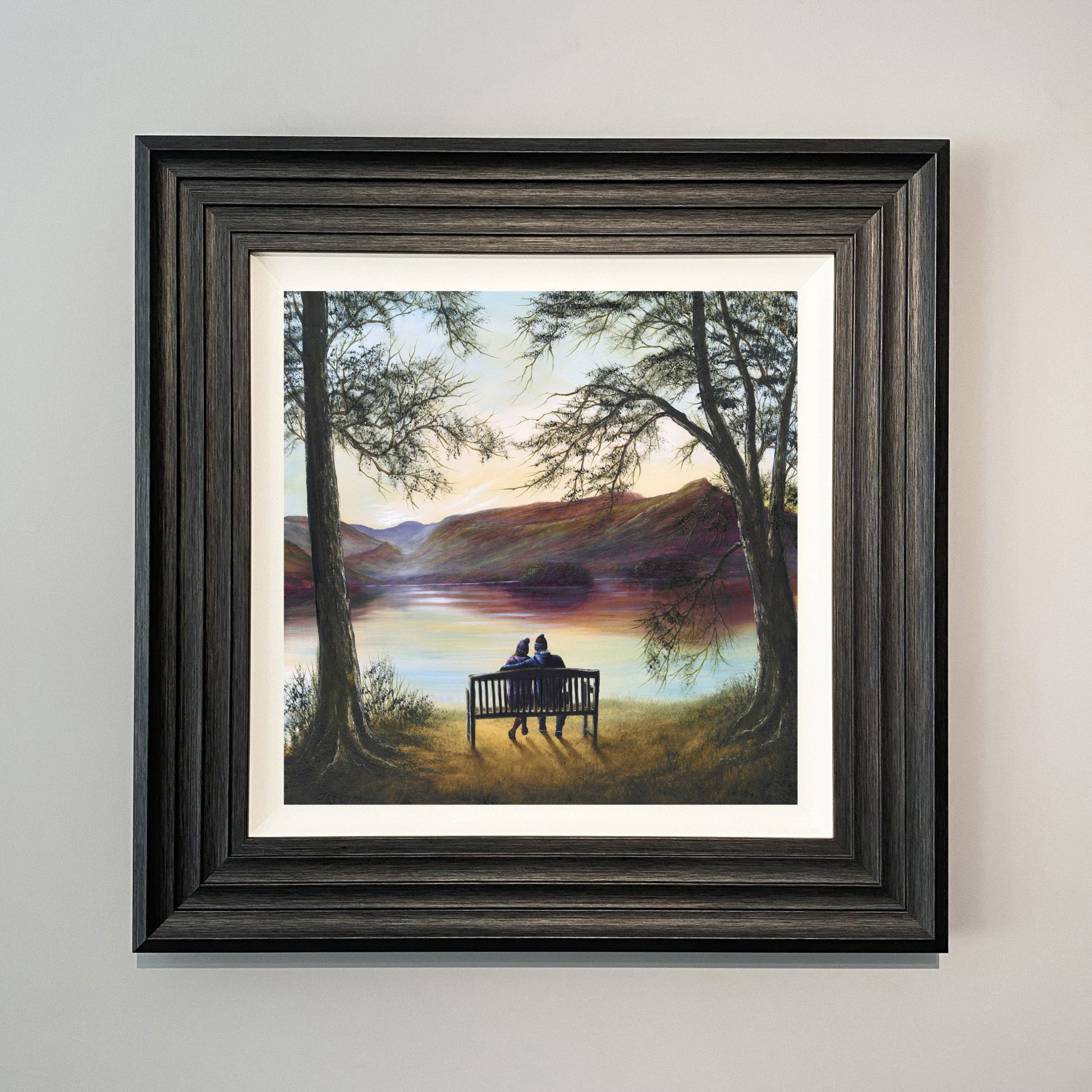 Bench Warmers Lake District landscape art print of couple on bench at Friars Crag overlooking Derwentwater by Danny Abrahams