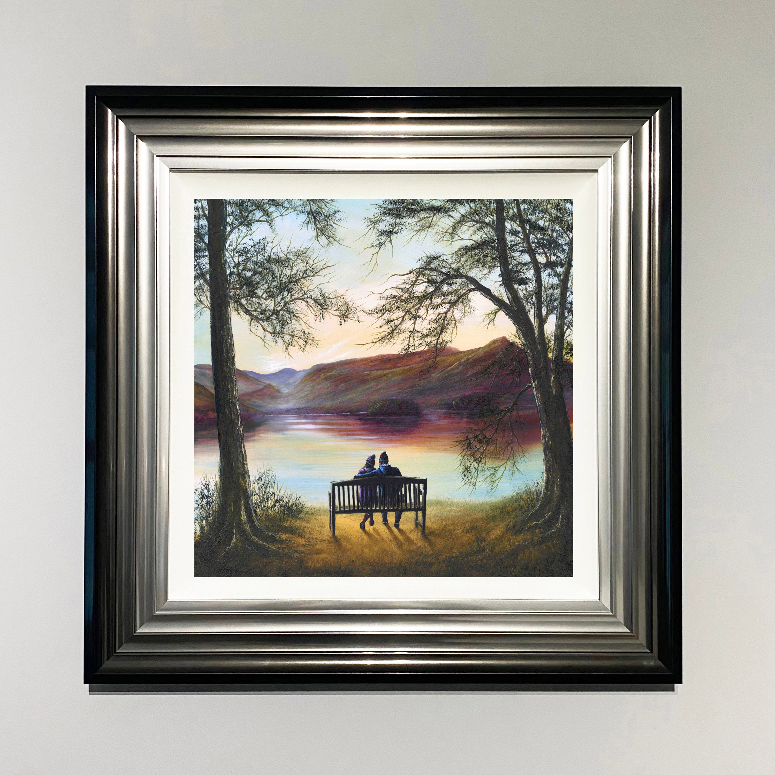 Bench Warmers Lake District landscape art print of couple on bench at Friars Crag overlooking Derwentwater by Danny Abrahams