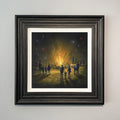 Bonfire Toffee artwork by Danny Abrahams showing families watching a Bonfire Night bonfire and fireworks celebration. 