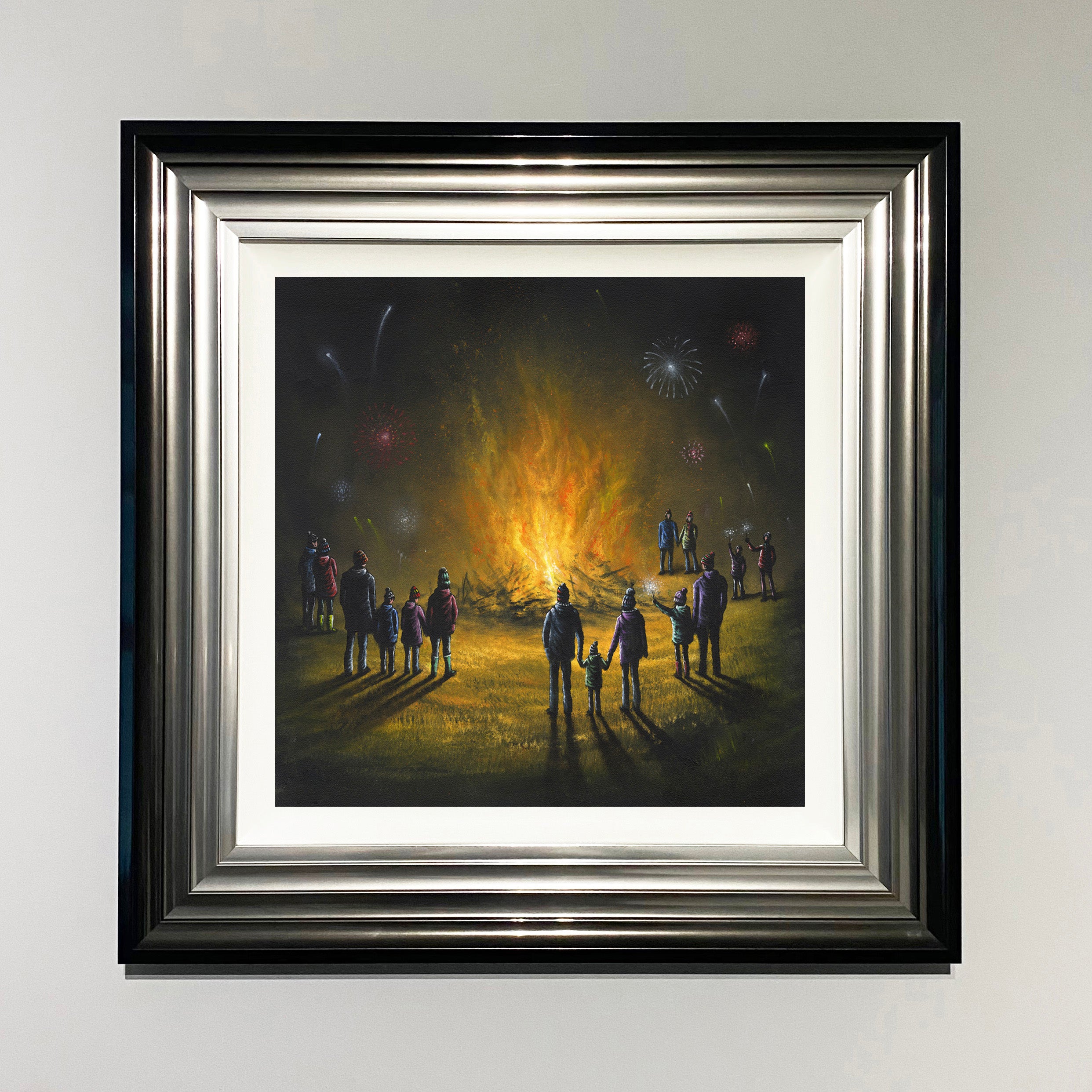 Bonfire Toffee artwork by Danny Abrahams showing families watching a Bonfire Night bonfire and fireworks celebration. 