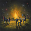 Bonfire Toffee artwork by Danny Abrahams showing families watching a Bonfire Night bonfire and fireworks celebration. 