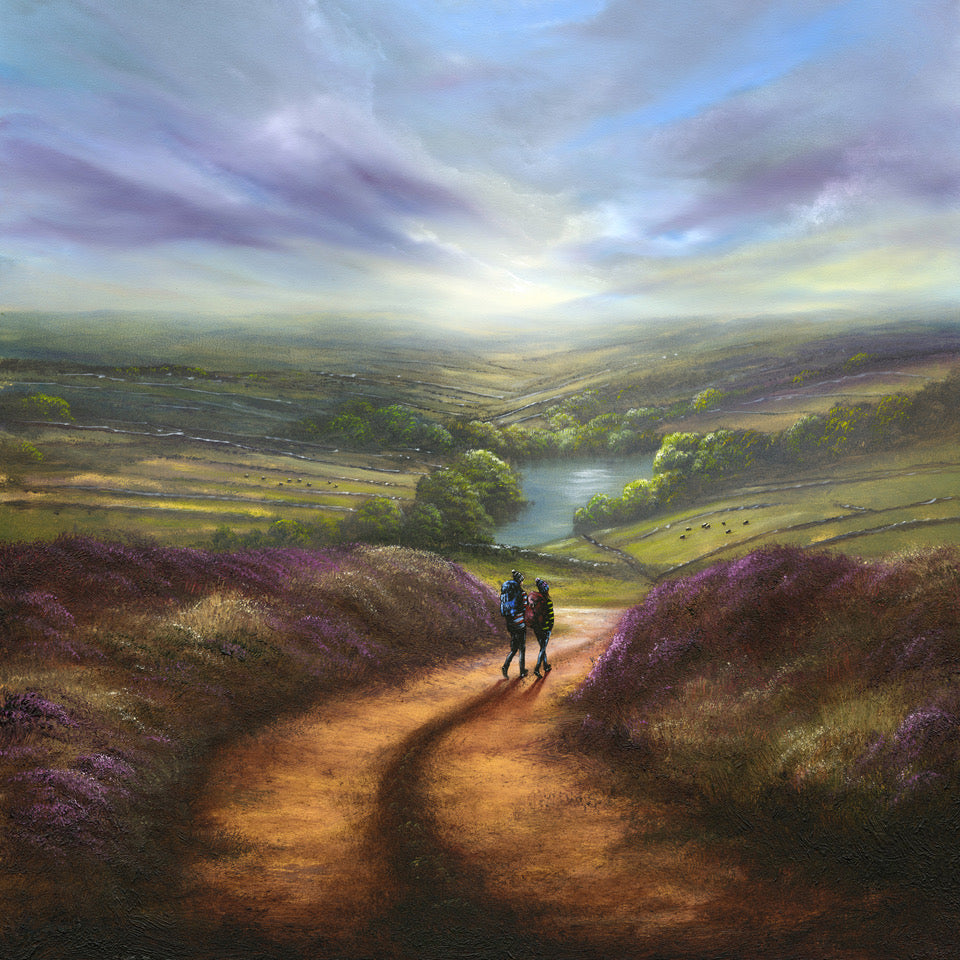 A painted landscape scene showing a winding path through purple heather landscape moors toward a valley with a reservoirand distant hills under a dramatic cloudy sky. Two small figures walk along the path in the lower center. Art by Danny Abrahams 