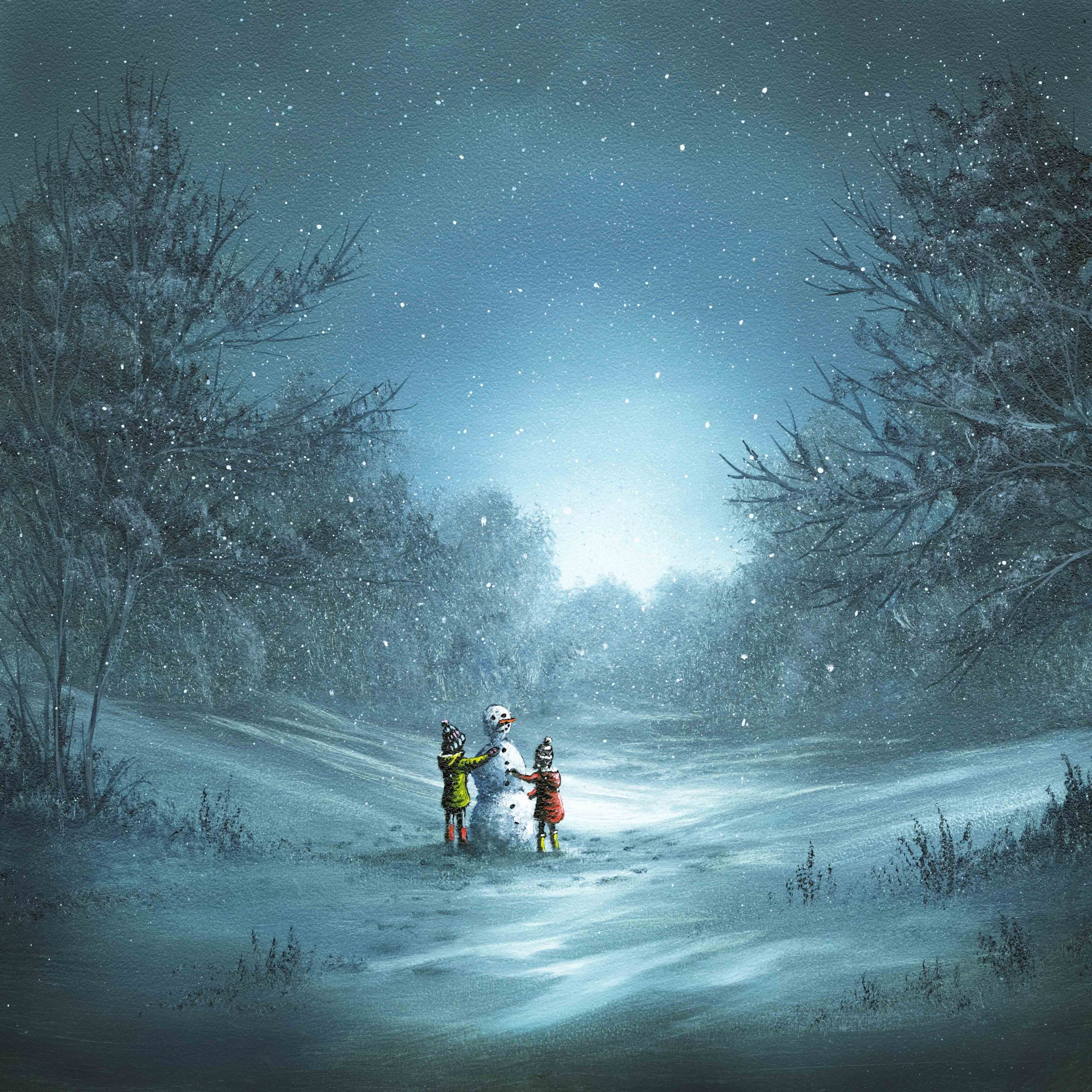 A magical winter landscape with children building a snowman in the snow. limited edition from original oil painting