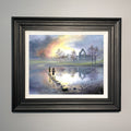 childhood memories at Bolton Abbey art print by Danny Abrahams showing children crossing the famous stepping stones over the river at Bolton Abbey in Yorkshire