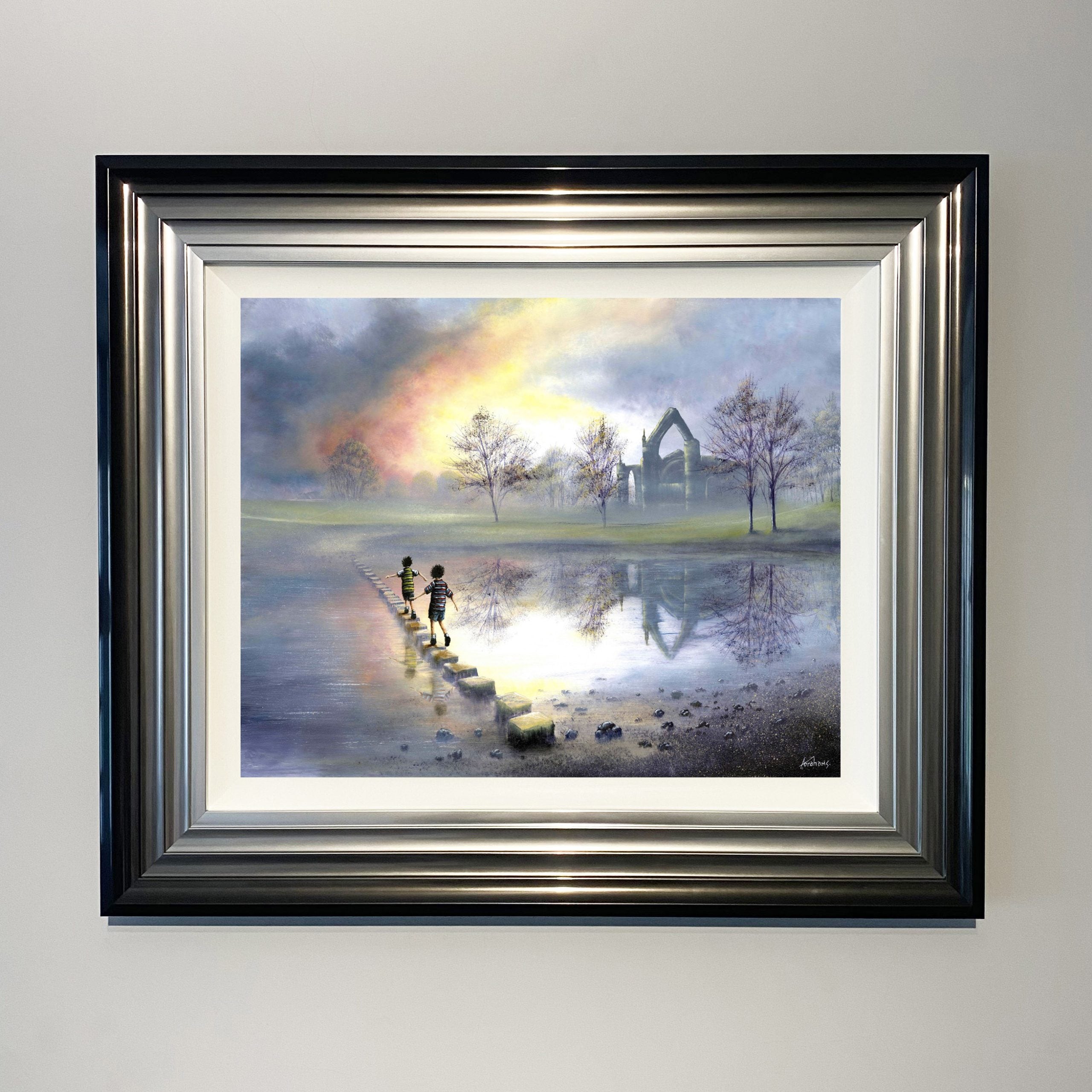 childhood memories at Bolton Abbey art print by Danny Abrahams showing children crossing the famous stepping stones over the river at Bolton Abbey in Yorkshire