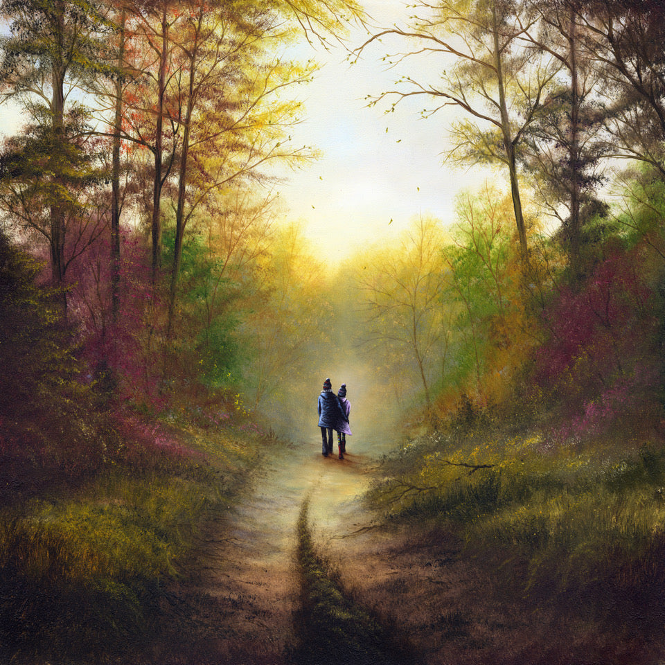A autumn woodland landscape. A scene with tall trees, soft golden sunlight, and two people walking away in the distance. art by Danny Abrahams art. 