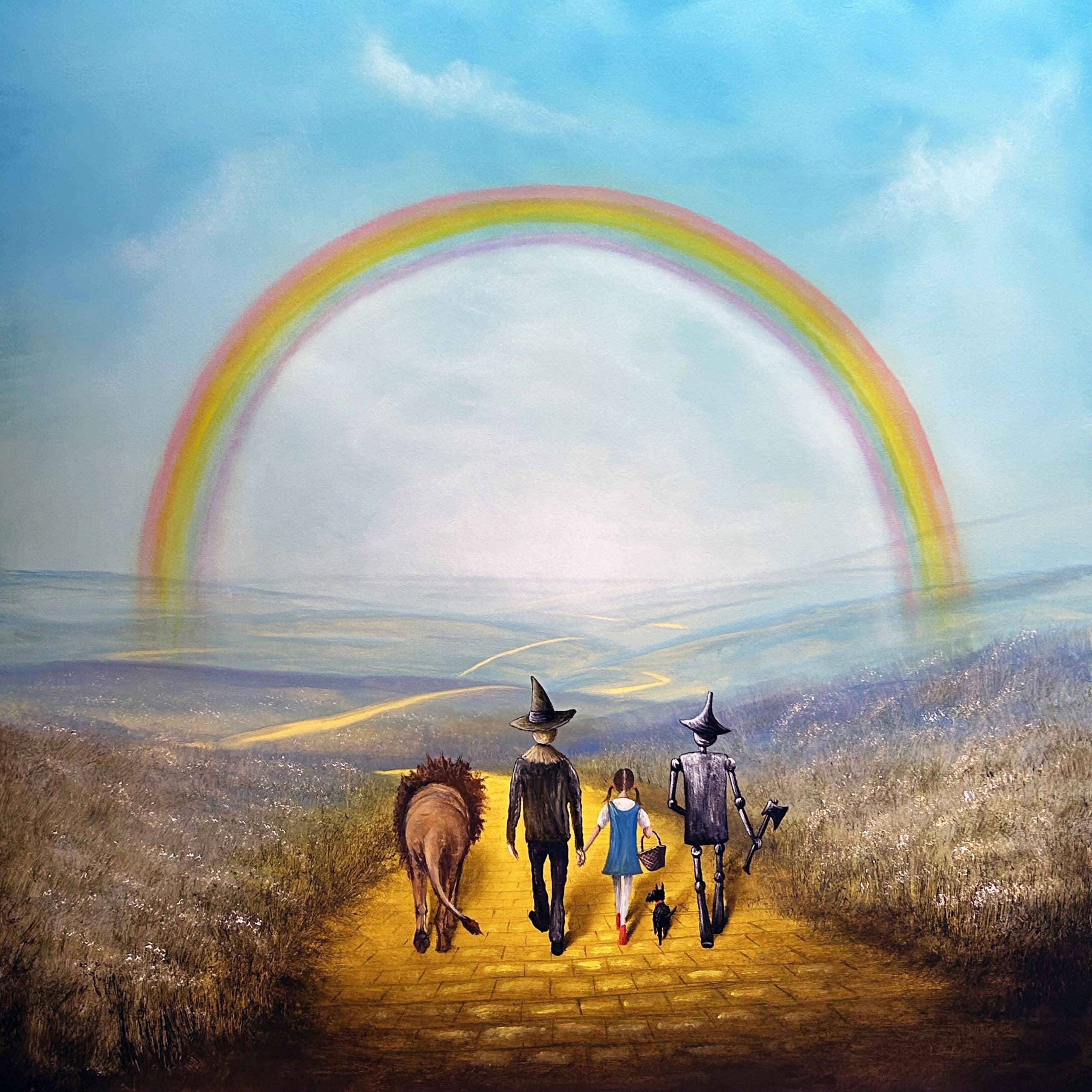 Wizard of Oz inspired painting of Dorothy, Toto, Scarecrow, Tin Man and Lion walking the yellow brick road beneath a rainbow by Danny Abrahams Art