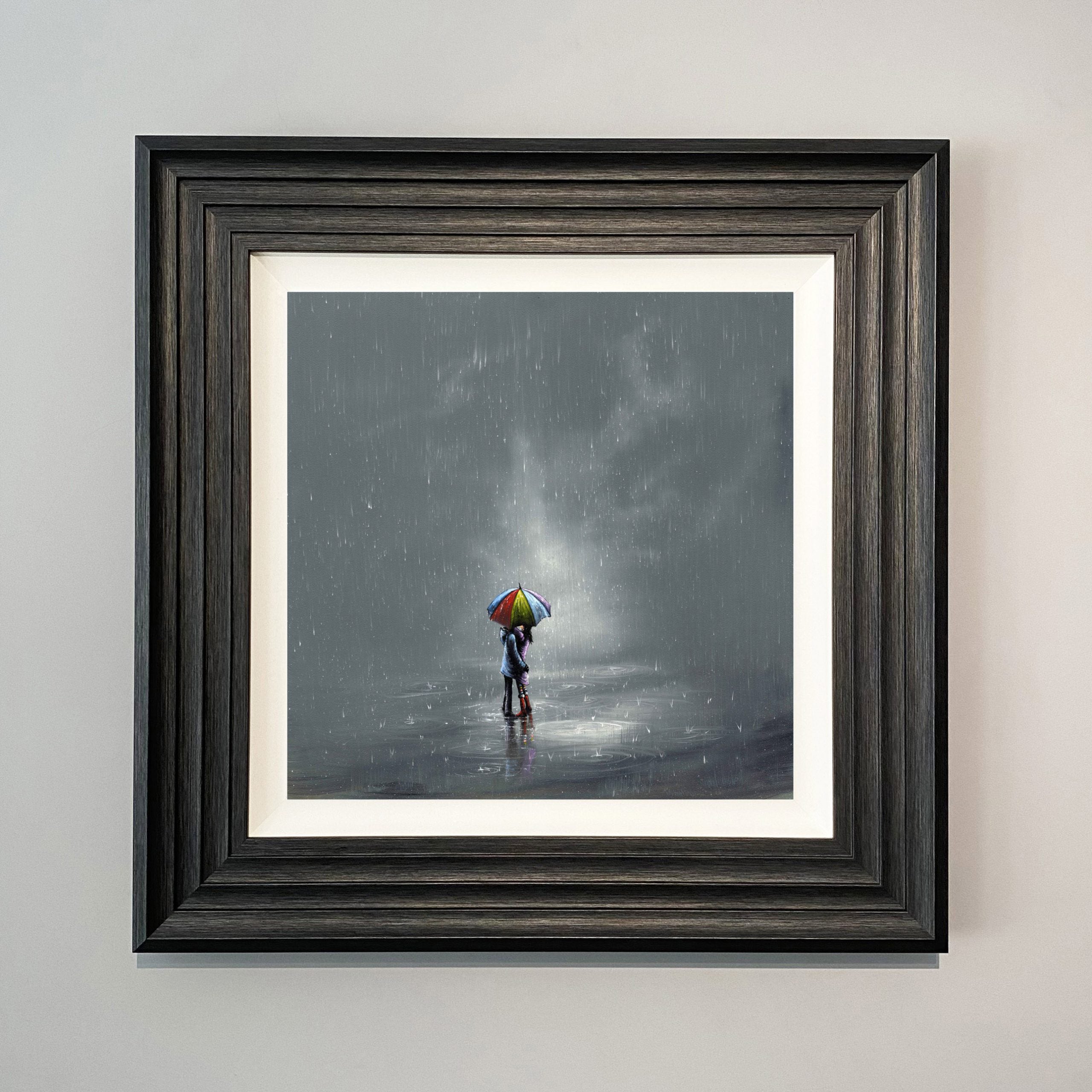 rain landscape with couple embracing under an umbrella in the rain print taken from original oil painting by Danny Abrahams Art 