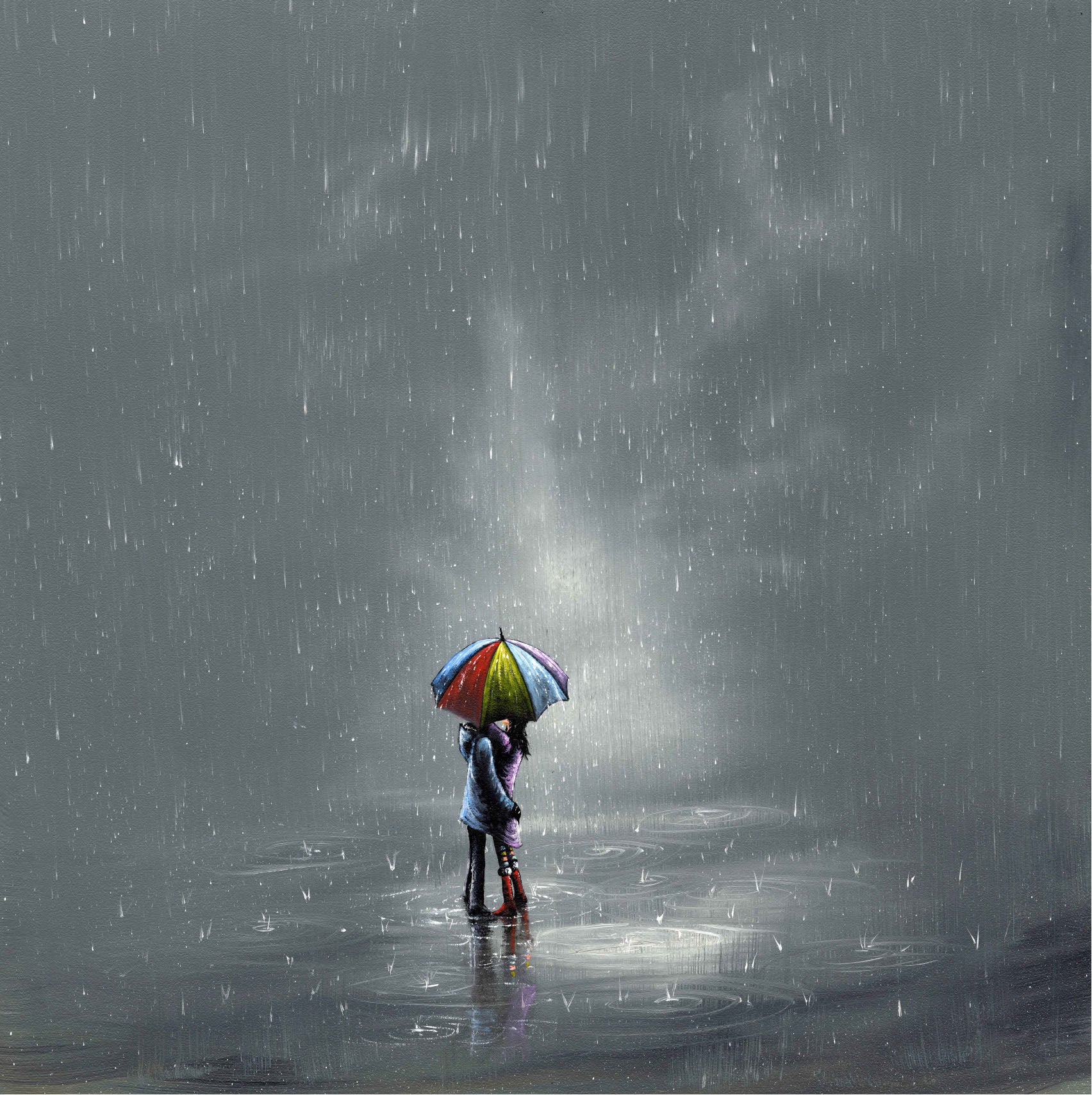 rain landscape with couple embracing under an umbrella in the rain print taken from original oil painting by Danny Abrahams Art 