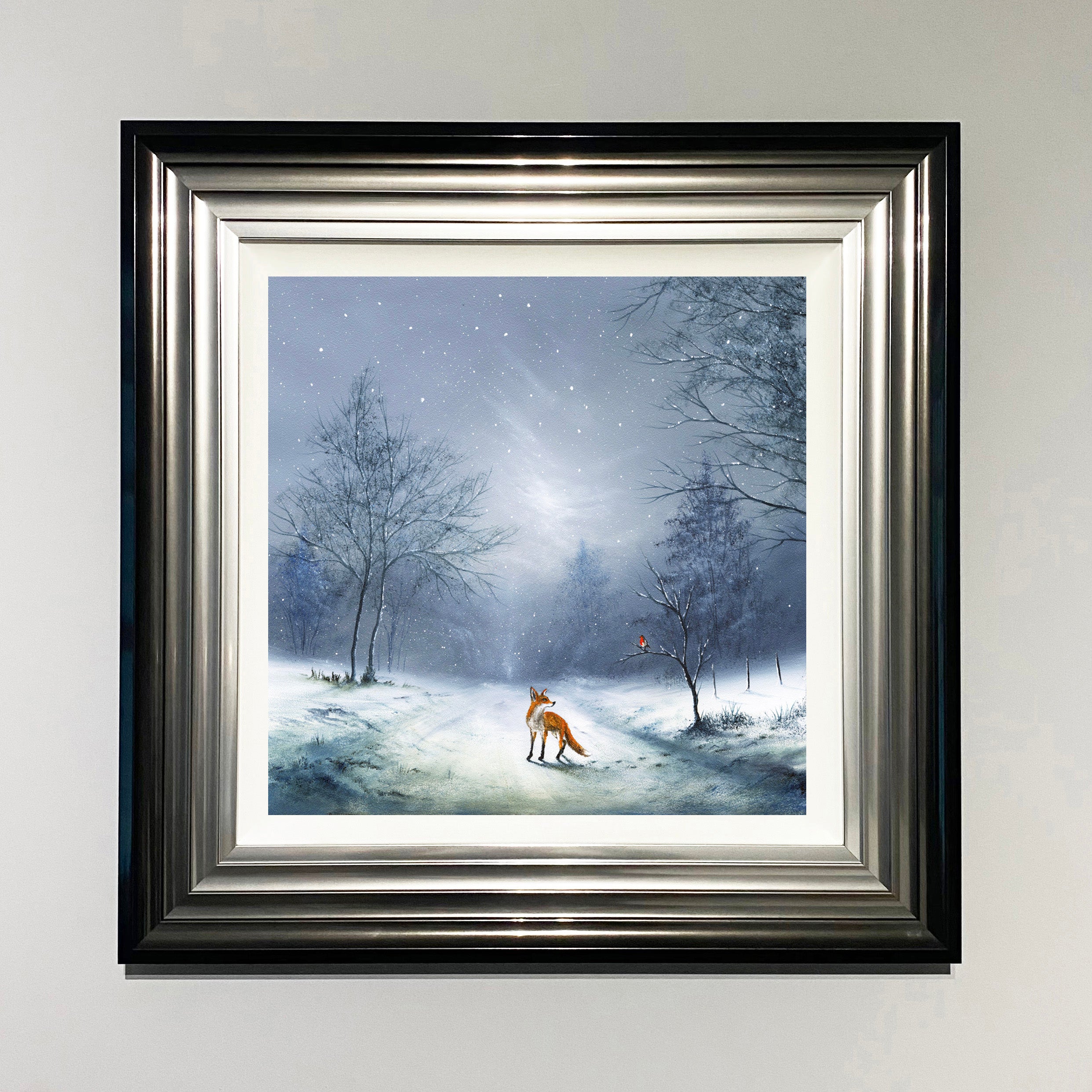 Friendship Warms The Heart winter landscape art print with fox in snow and  robin in a tree by Danny Abrahams 