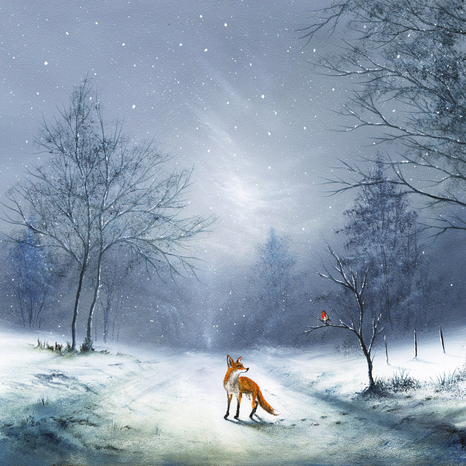 Friendship Warms The Heart winter woodland landscape art with fox in snow and robin in a tree by Danny Abrahams 
