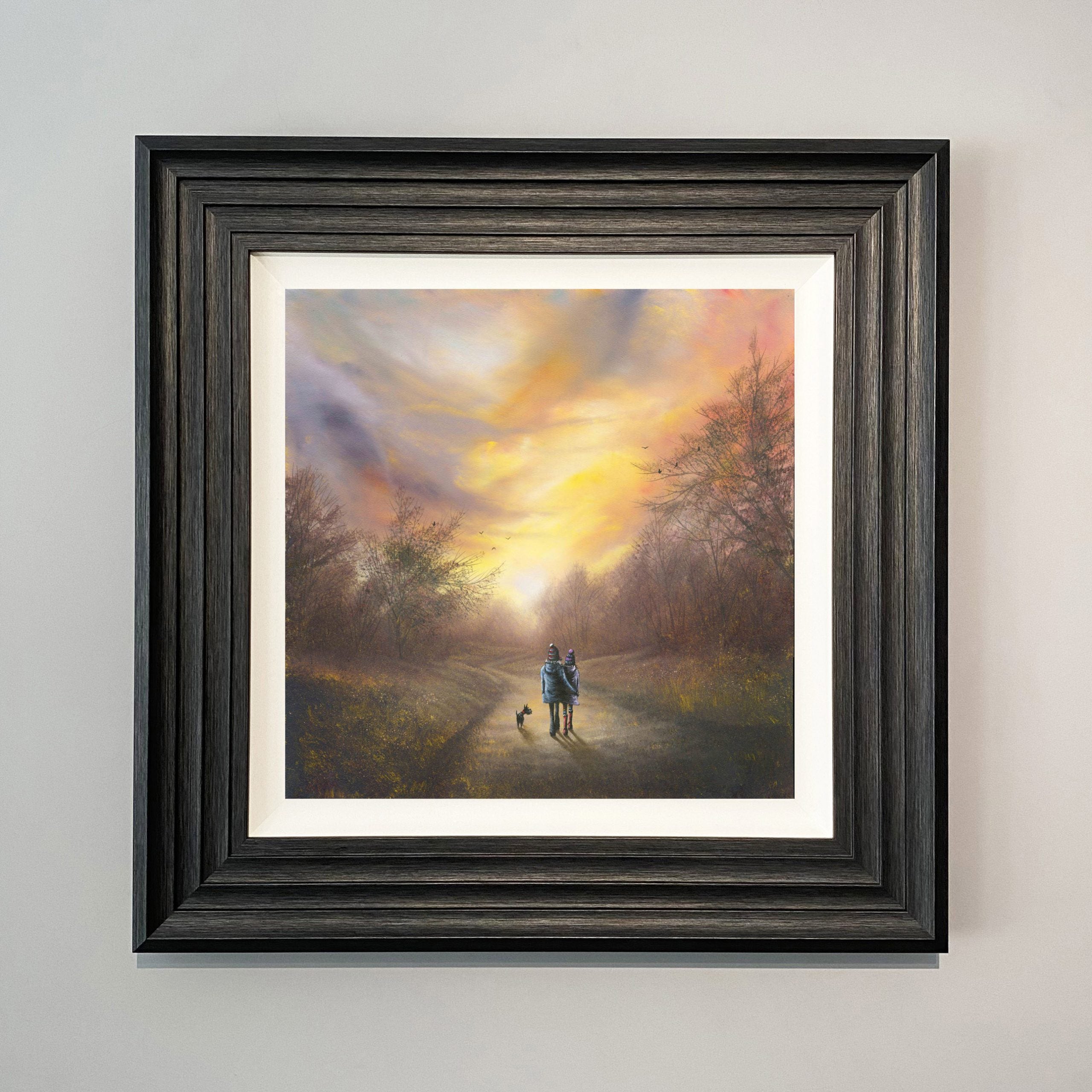 a loving couple take a romantic walk amongst a path surrounded by woodland and nature with birds in the trees. painting by Danny Abrahams Art