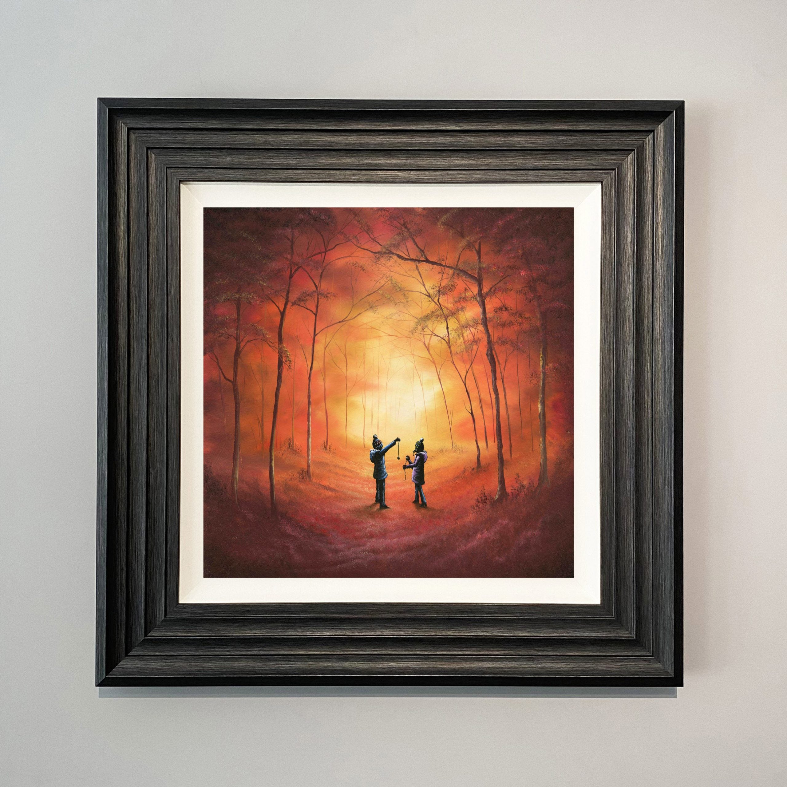 Children playing conkers in an autumn woodland surrounded by golden trees. artwork by Danny Abrahams Art. 