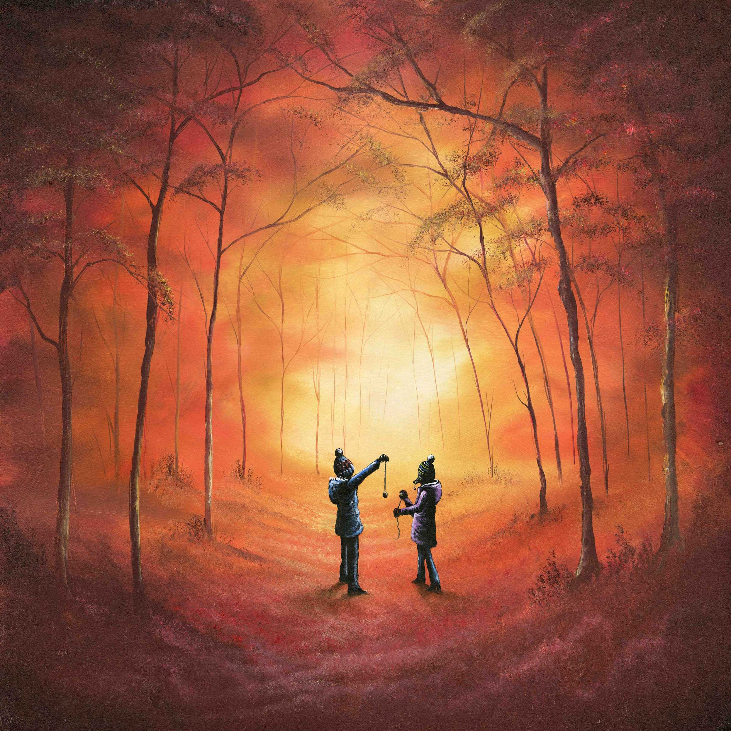 Children playing conkers in an autumn woodland surrounded by golden trees. artwork by Danny Abrahams Art. 