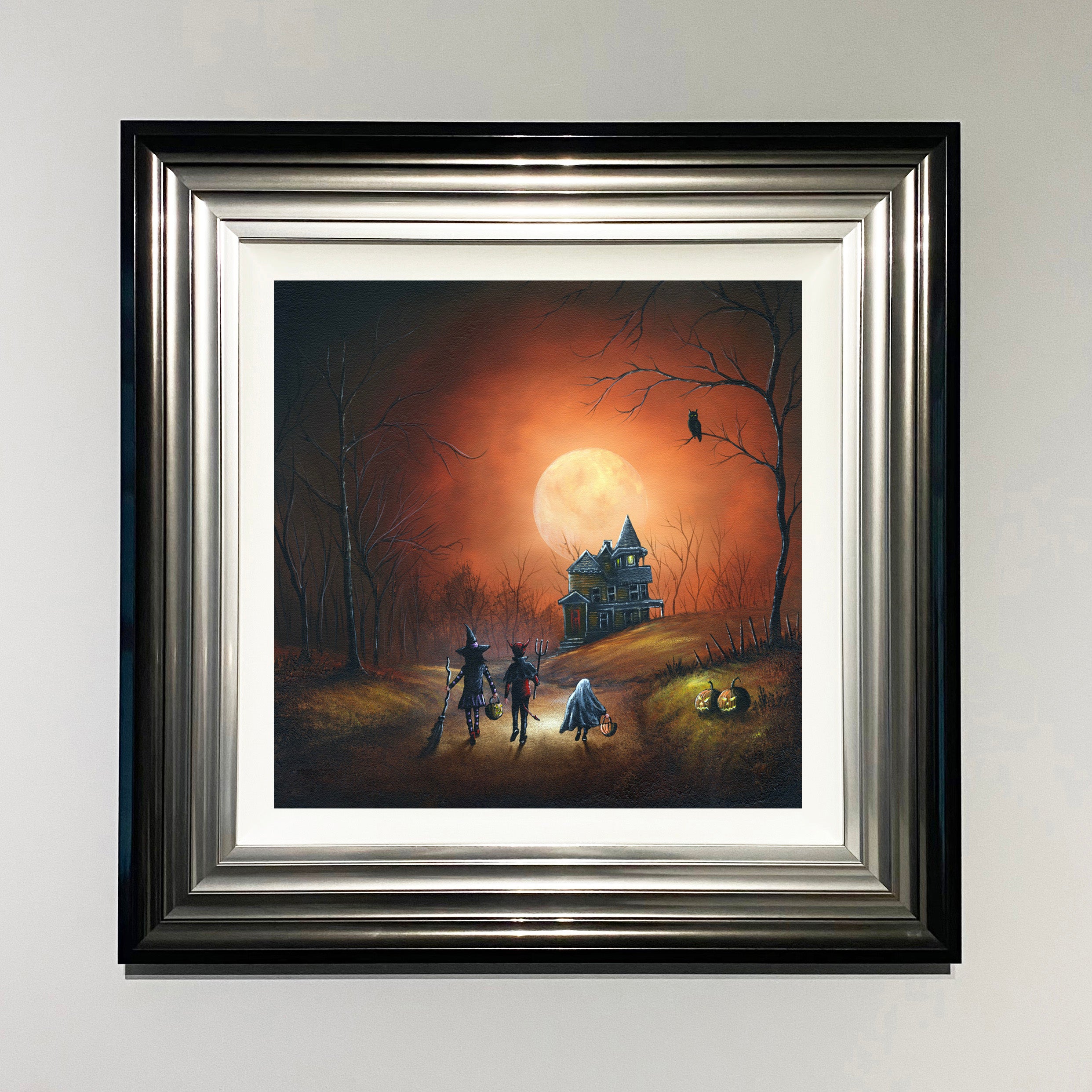 Little Monsters- Halloween art print with children trick or treating toward a haunted house under a full moon by Danny Abrahams. 
