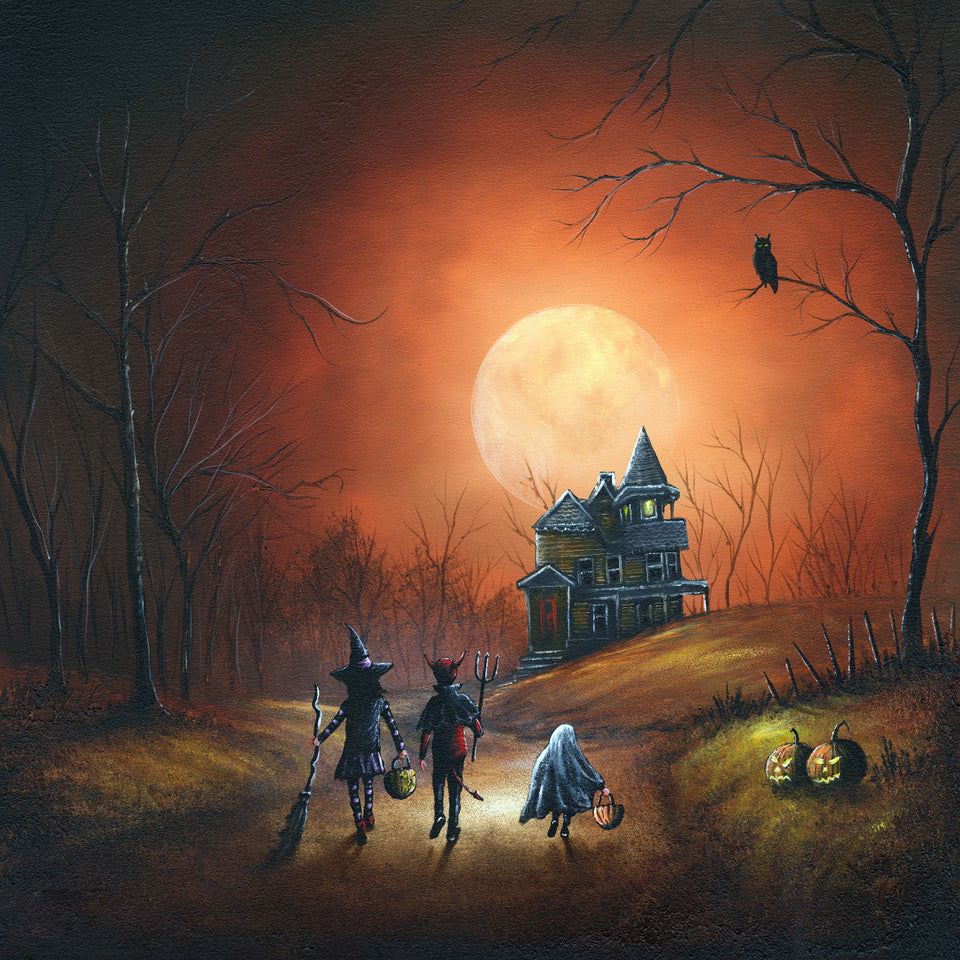 Little Monsters- Halloween art print with children trick or treating toward a haunted house under a full moon by Danny Abrahams. 