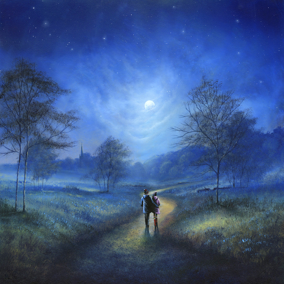 A painted night landscape with a couple walking along a glowing path under a bright moon and starry blue sky, with trees and distant hills in the background. art by Danny Abrahams