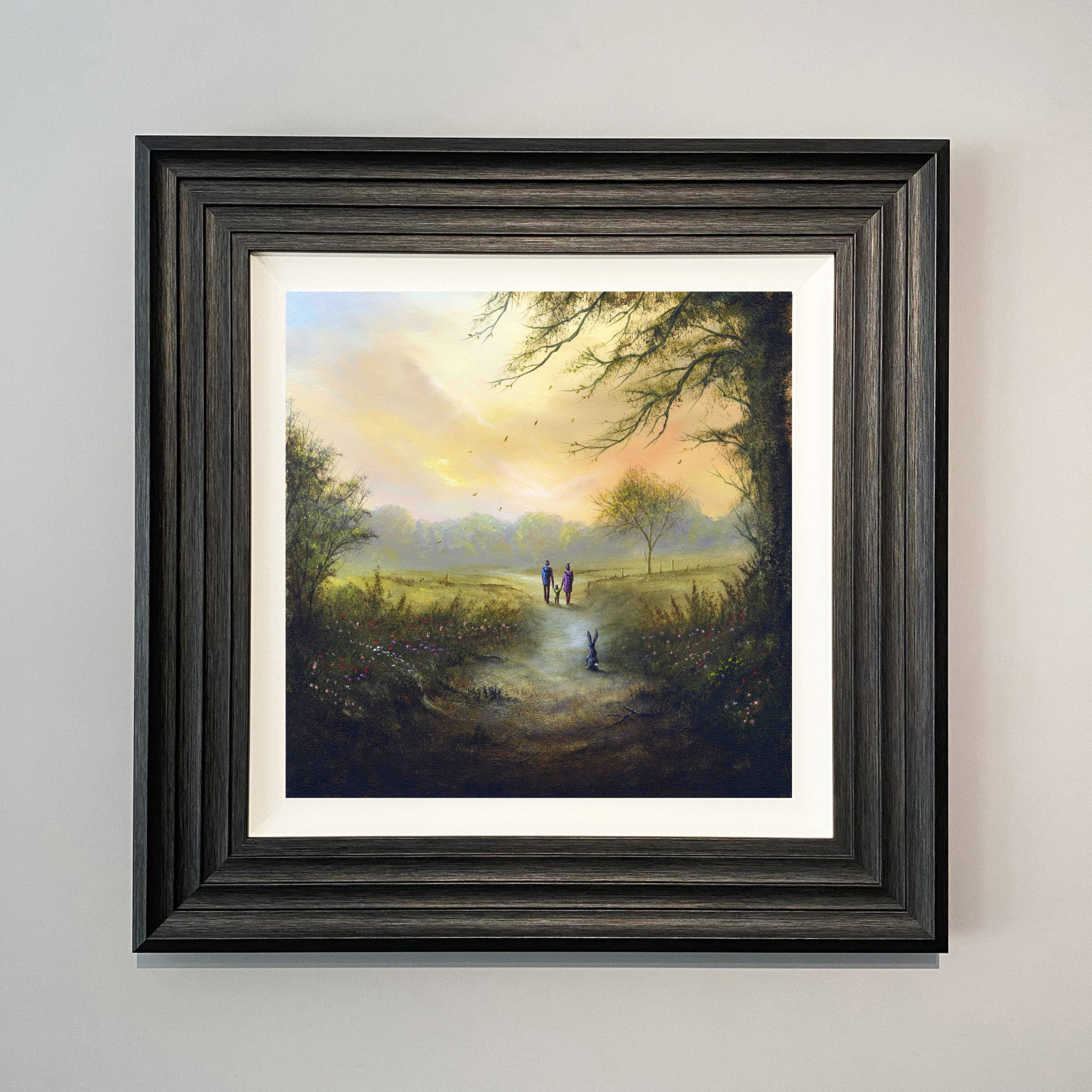 Natures Gift countryside landscape art print with parents and child walking along meadow path and rabbit in wildflowers by Danny Abrahams 