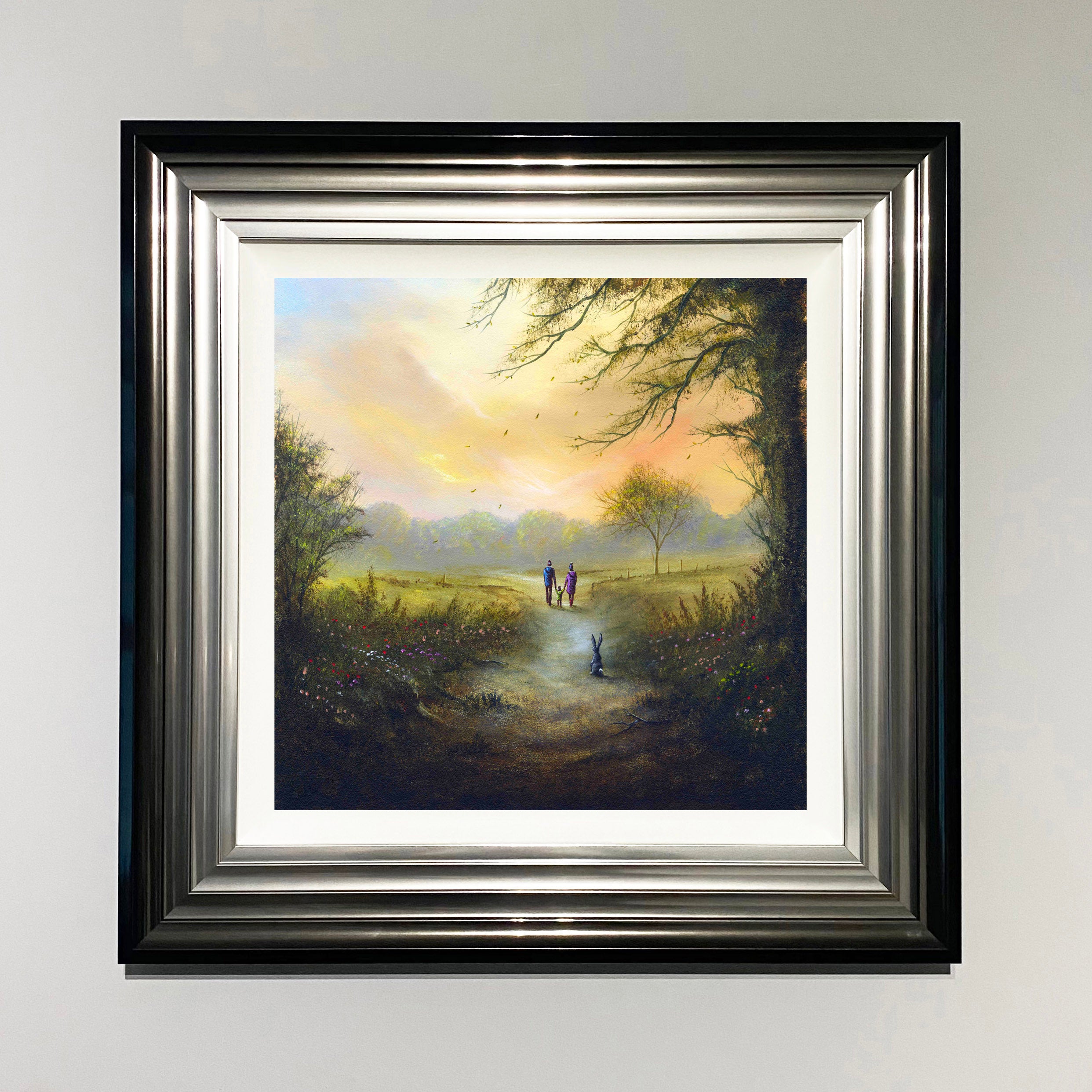 Natures Gift countryside landscape art print with parents and child walking along meadow path and rabbit in wildflowers by Danny Abrahams 