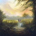Natures Gift countryside landscape art print with parents and child walking along meadow path and rabbit in wildflowers by Danny Abrahams 