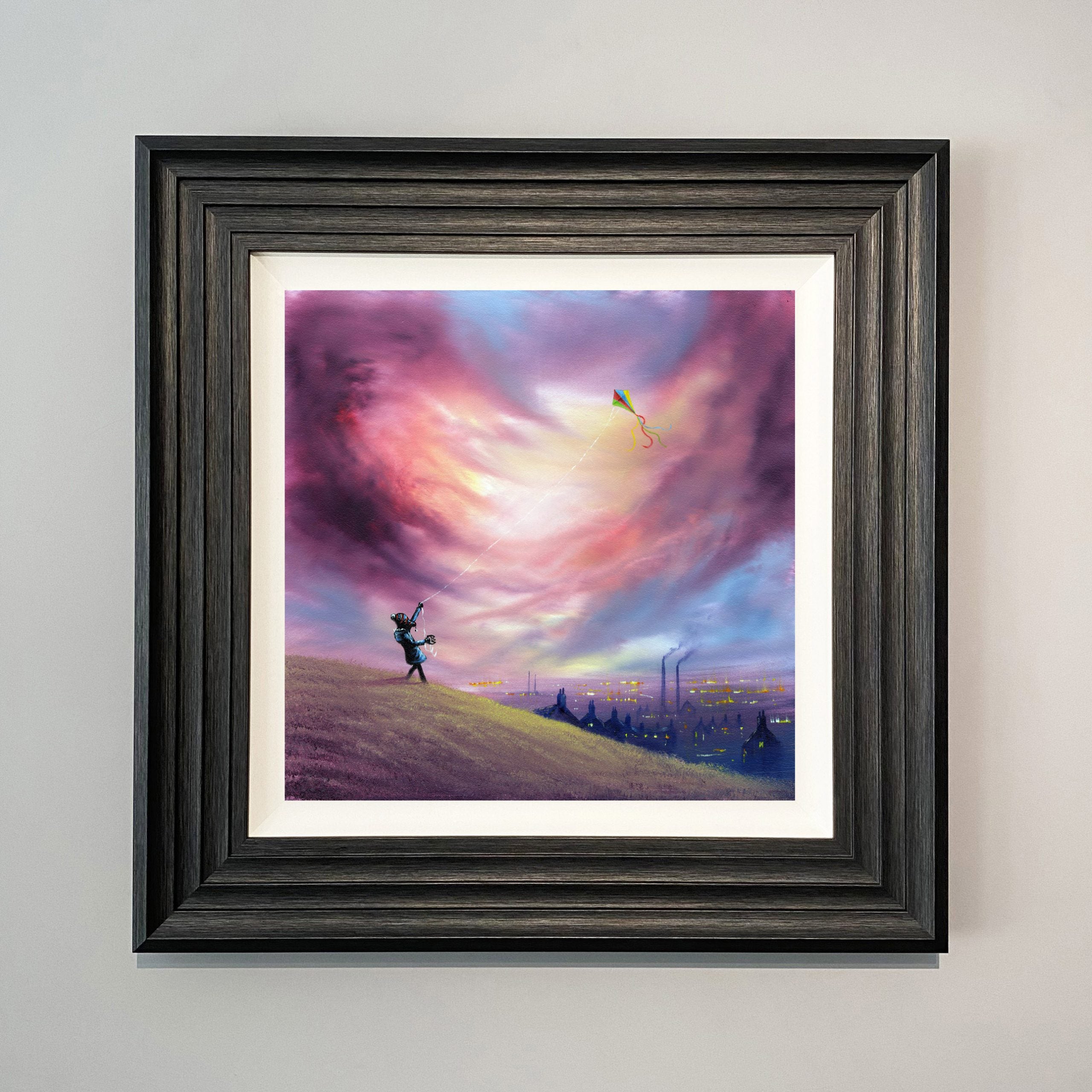 boy flying kite over an industrial landscape with mills and smokey chimneys in the background painting from Danny Abrahams Art. 