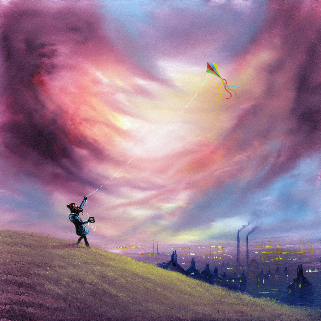 boy flying kite over an industrial landscape with mills and smokey chimneys in the background painting from Danny Abrahams Art. 