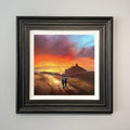 Setting Off Across Haworth Moors Art Print by Danny Abrahams shows a couple with a dog walking over the moors and showing ruined farmhouse Yorkshire landscape 