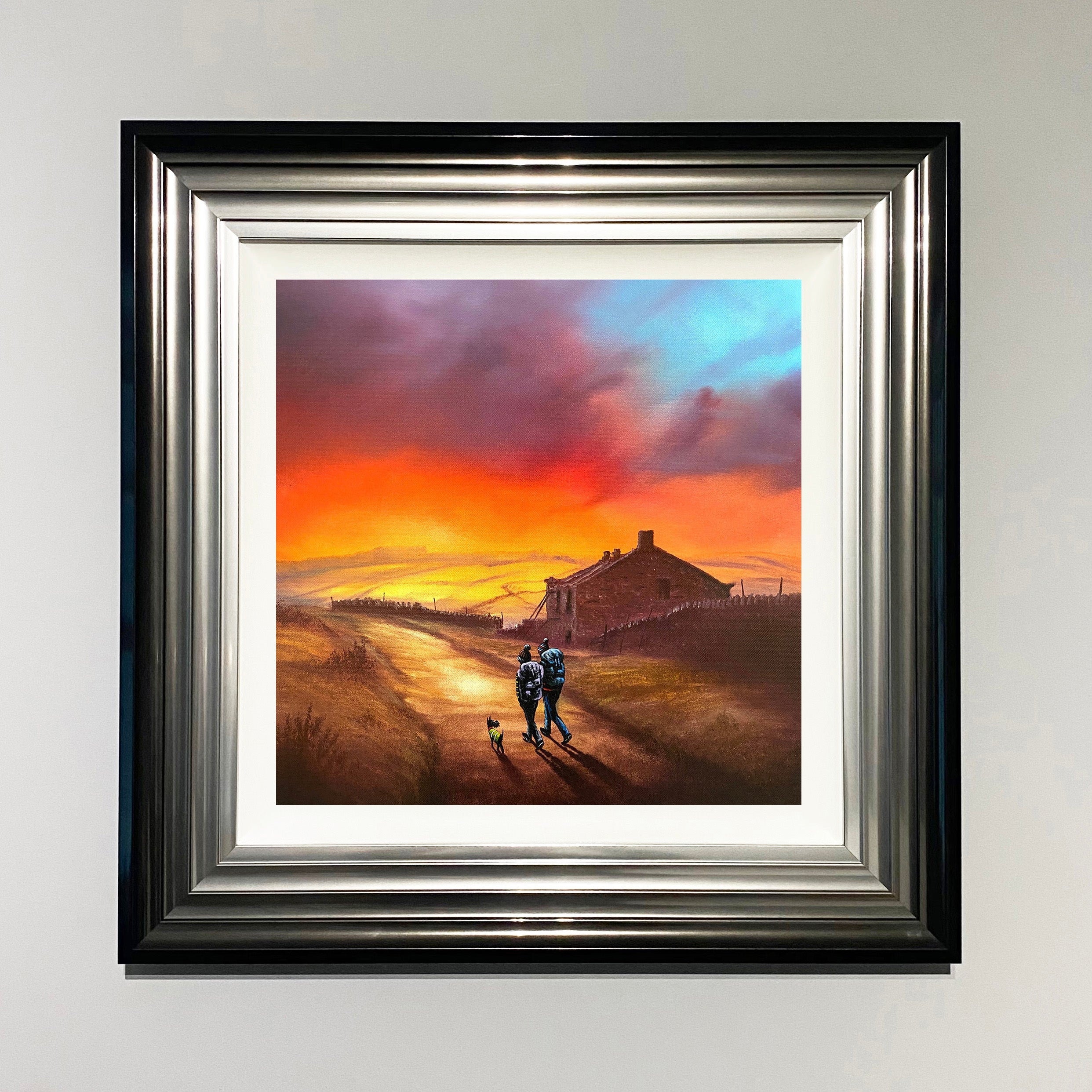 Setting Off Across Haworth Moors Art Print by Danny Abrahams shows a couple with a dog walking over the moors and showing ruined farmhouse Yorkshire landscape 