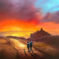Setting Off Across Haworth Moors Art Print by Danny Abrahams shows a couple with a dog walking over the moors and showing ruined farmhouse in Yorkshire landscape 