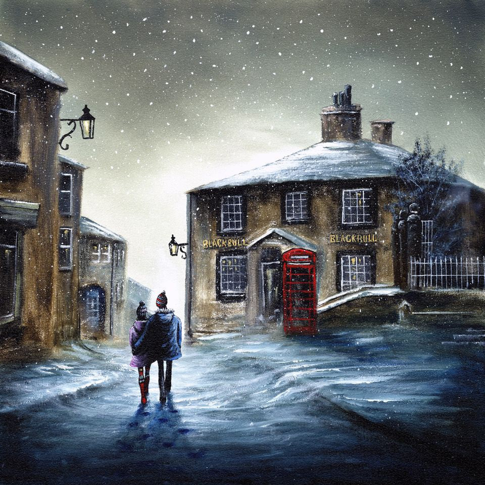 Silently The Snowflakes Fall winter landscape art print of Haworth Main Street Yorkshire withcouple walking in the snow by Danny Abrahams 