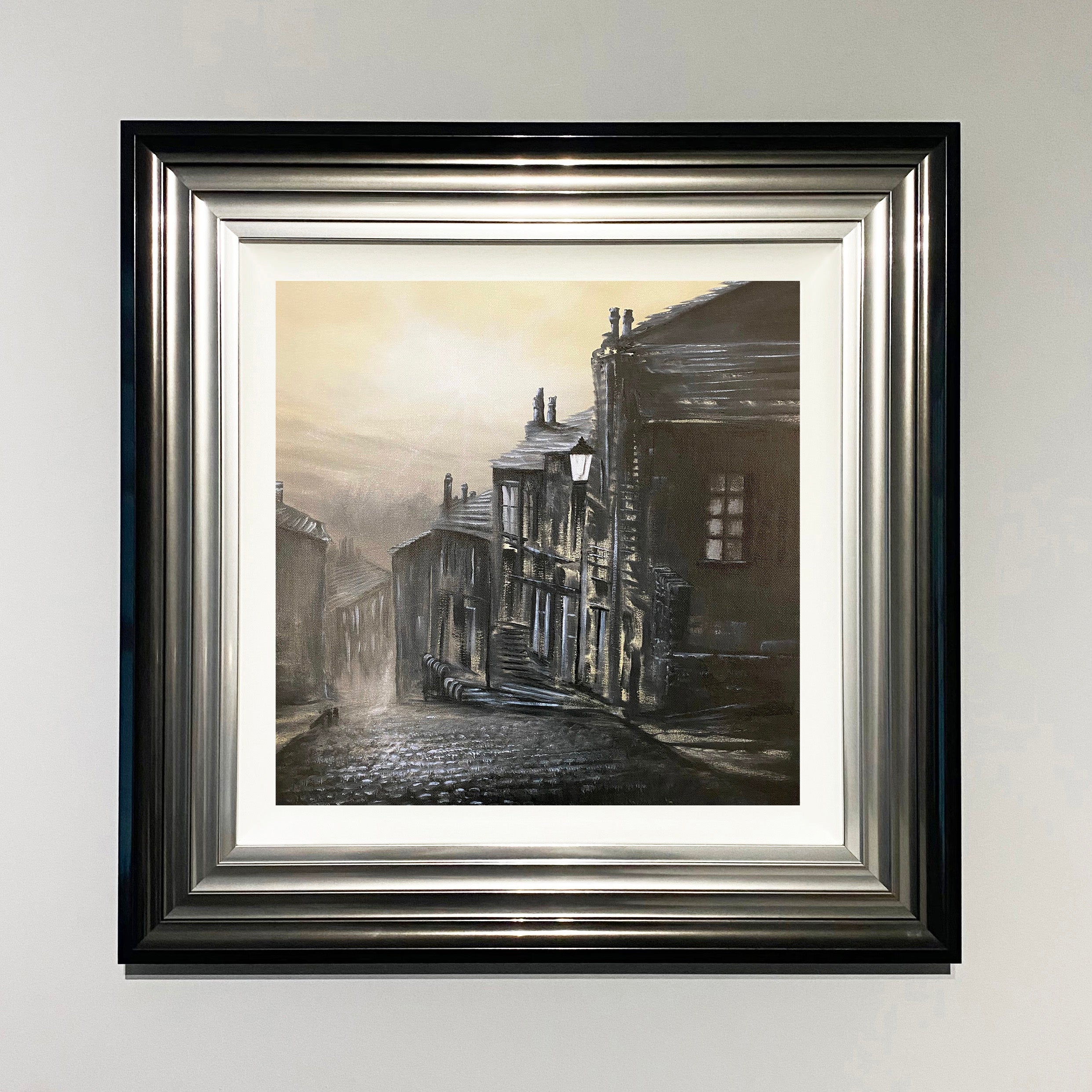 Some Things Never Change is a moody and atmospheric art print taken from original oil painting of Haworth Main Street Yorkshire Landscape by Danny Abrahams 