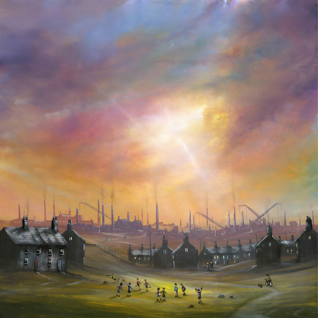 star of the future - Children playing football set amongst the industrial Yorkshire landscape and atmospheric sky
